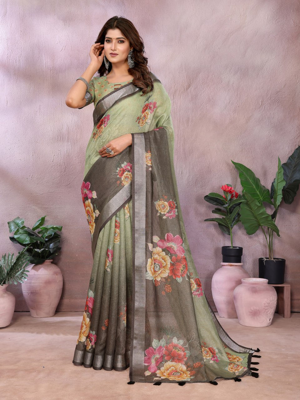Olive Green & Black Floral Linen Shimmer Saree with Designer Blouse Piece
