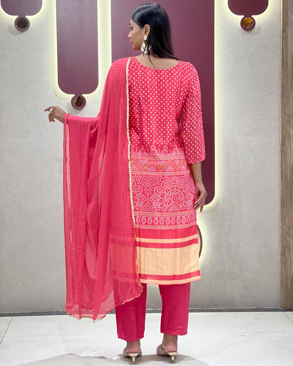Fuchsia Pink & Red Chinon Kurti Sets with Bandhani Print & Embroidered V-Neckline