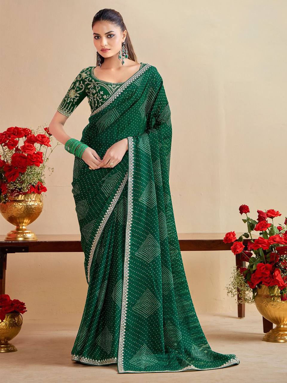 Elegant Moss Chiffon Silk Bandhani Saree with Embroidery Lace & Matching Blouse – Festive & Party Wear