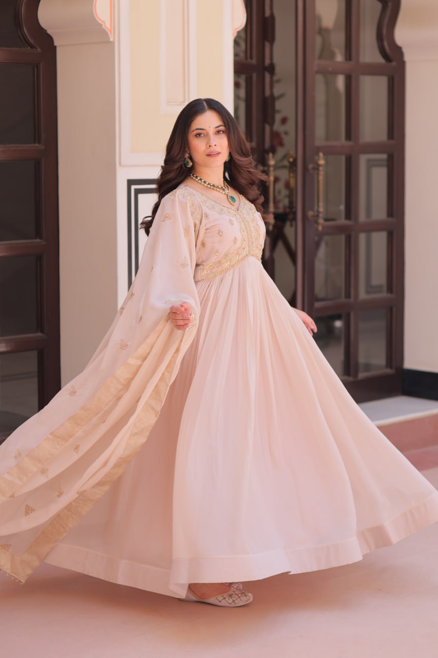 Cream Pista Party Wear Star Georgette Gown with Beads & Sequins Embroidery and Matching Dupatta