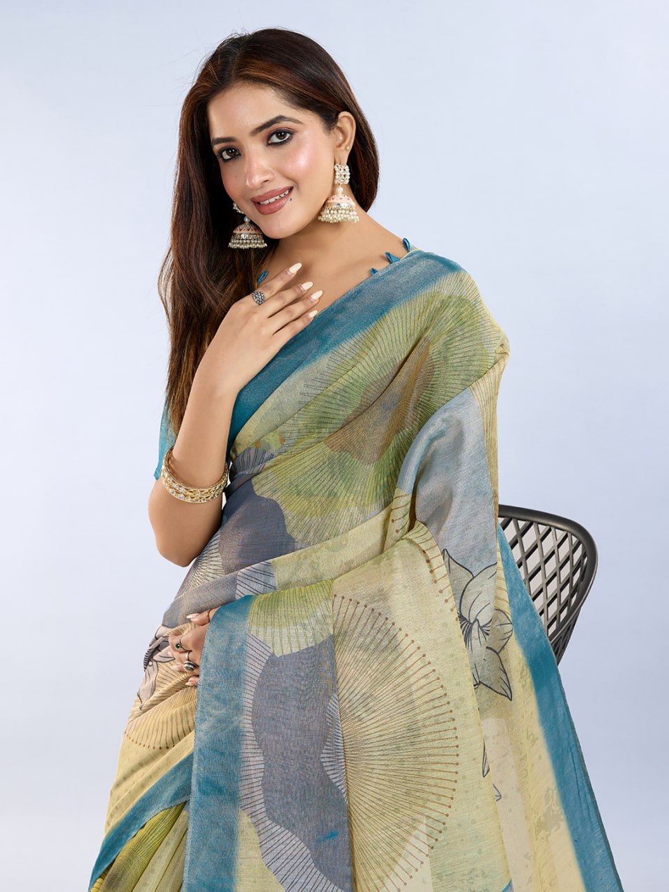 Floral & Abstract Printed Erode Anmol Silk Saree with Designer Blouse – Teal & Cream