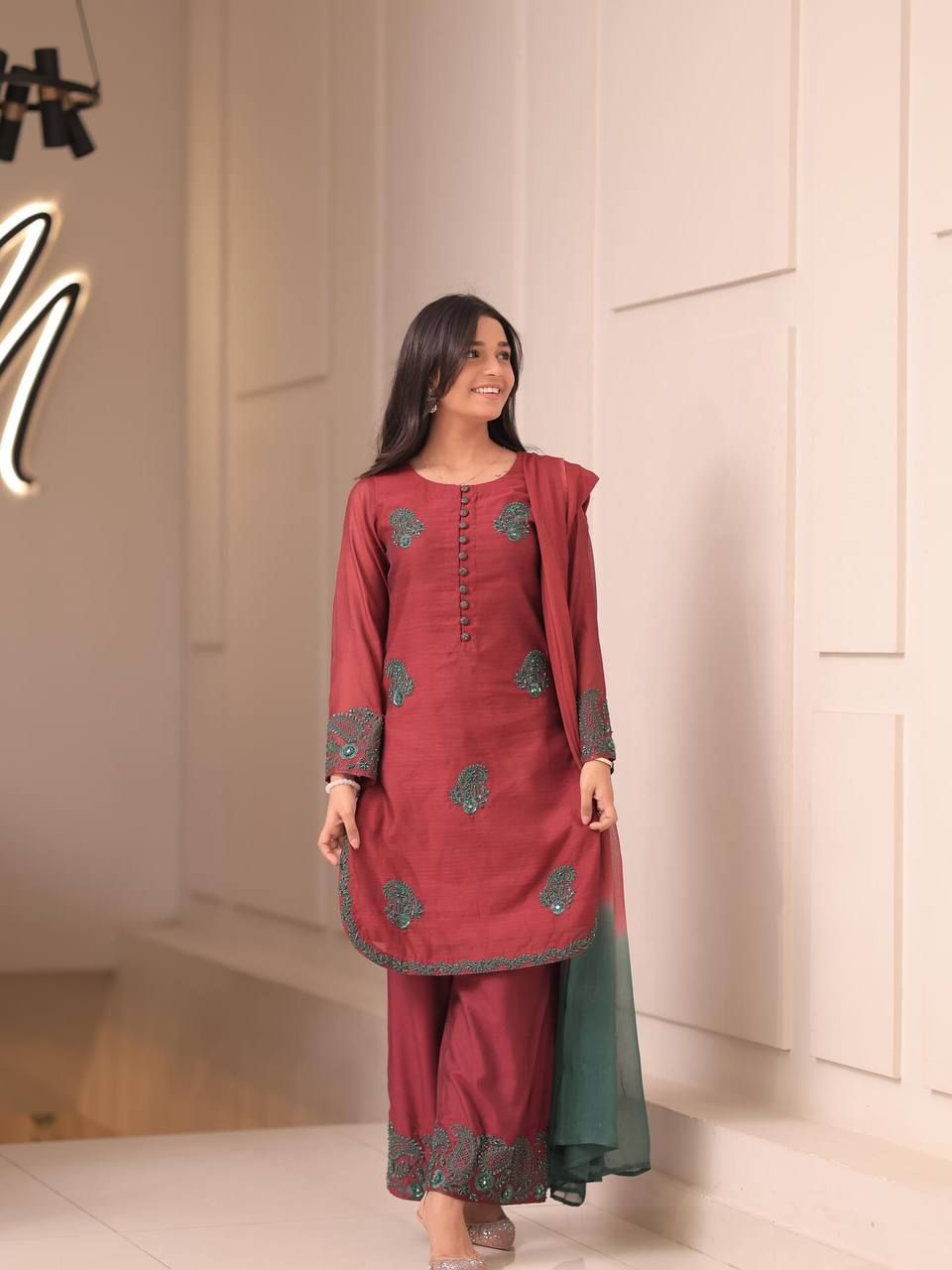 French Crepe Silk Embroidered Palazzo Suit with Dupatta
