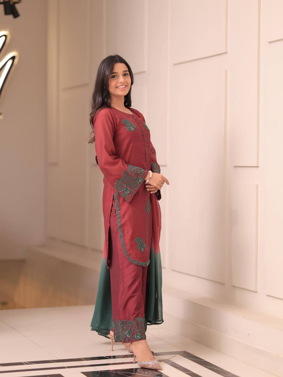 French Crepe Silk Embroidered Palazzo Suit with Dupatta