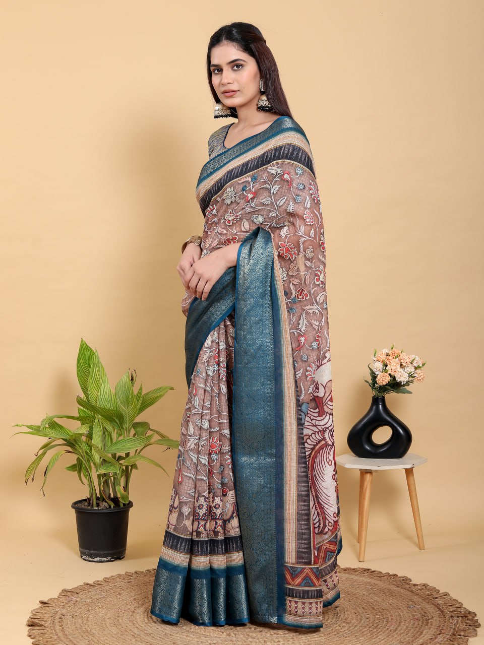 Heritage Brown & Teal Artistic Linen Cotton Saree with Kalamkari-Inspired Print