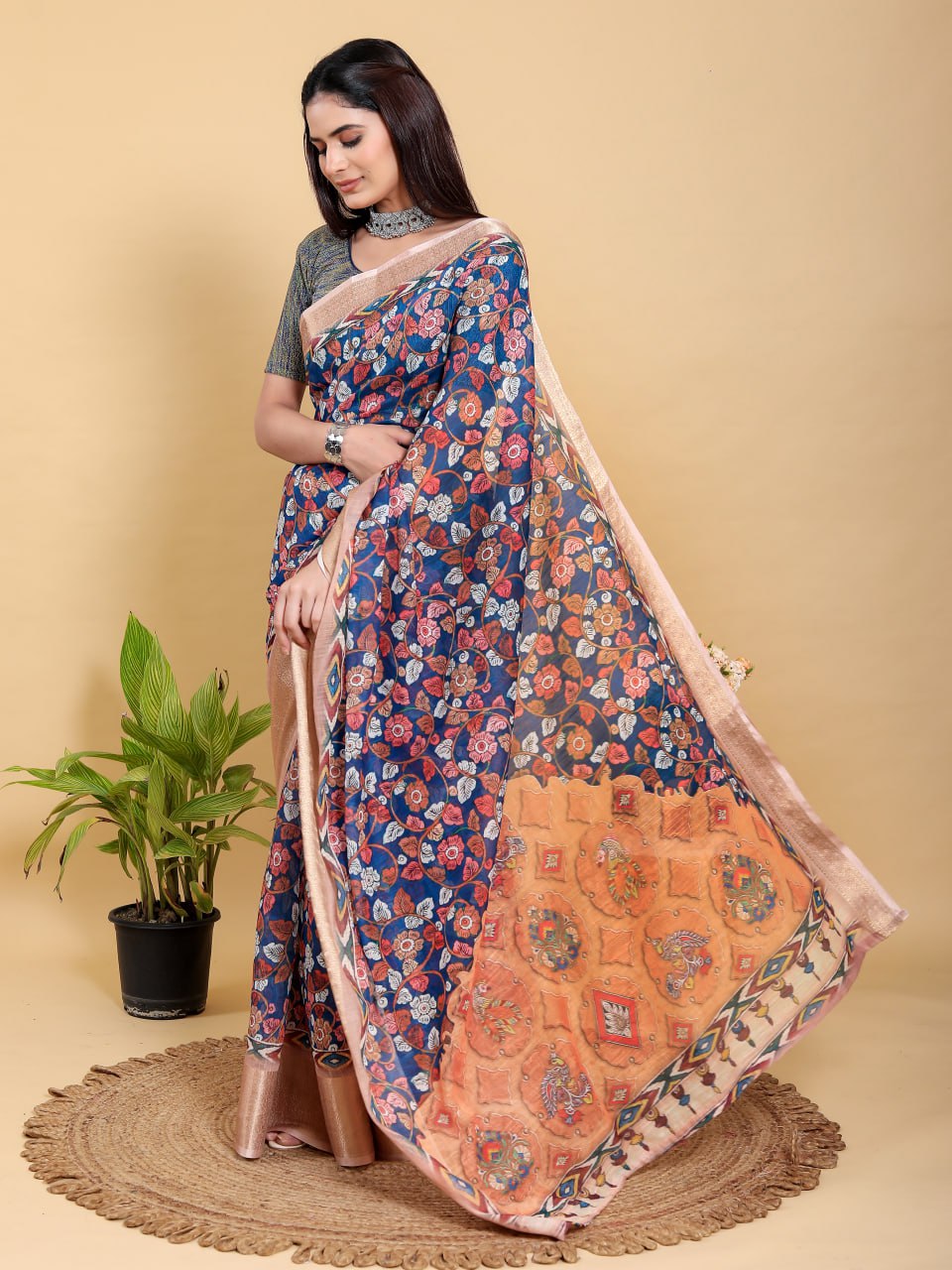 Artistic Navy & Copper Floral Linen Cotton Saree with Jacquard Border