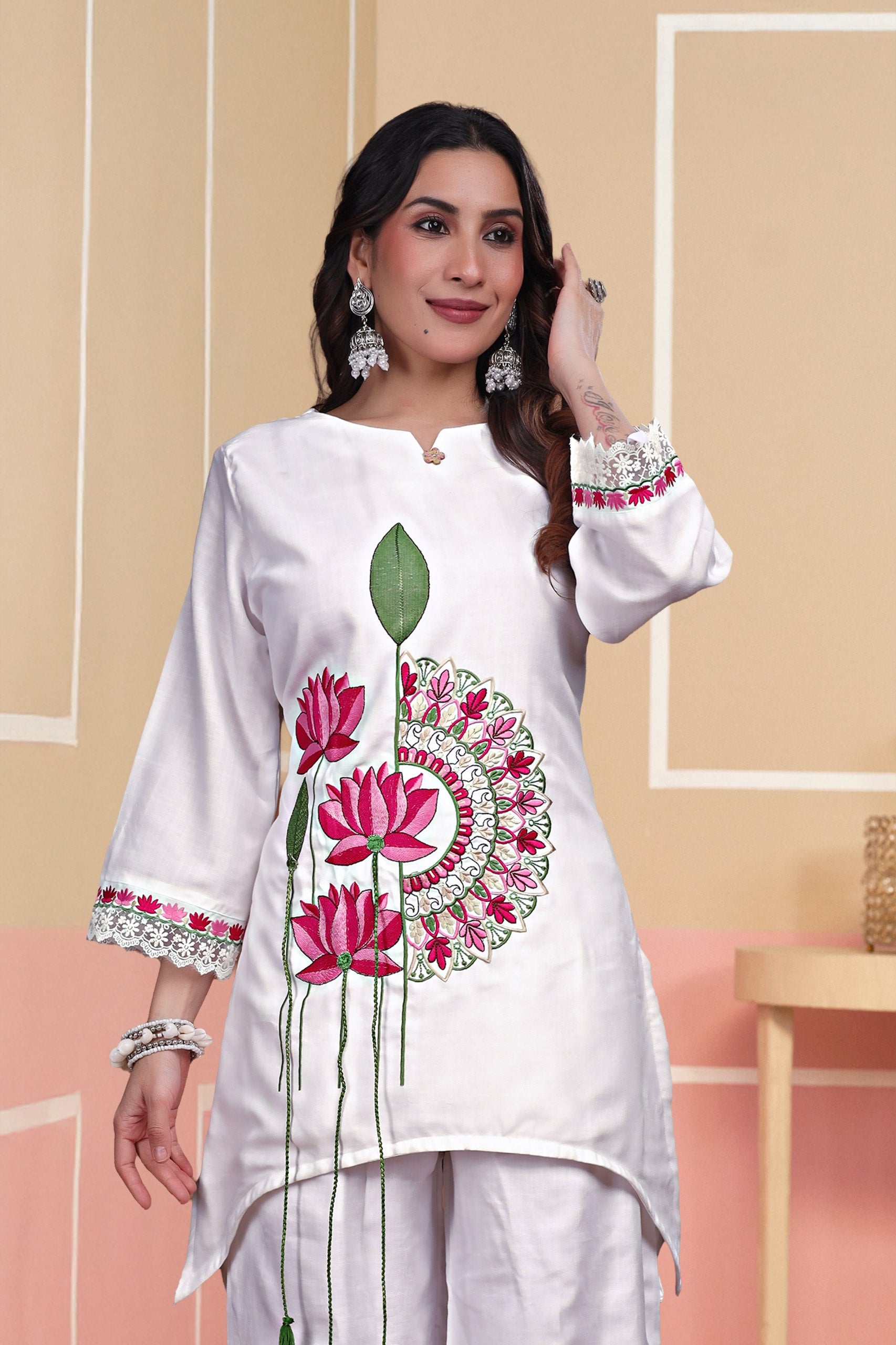 Elegant White Lotus Embroidered 2-Piece Kurti & Palazzo Set