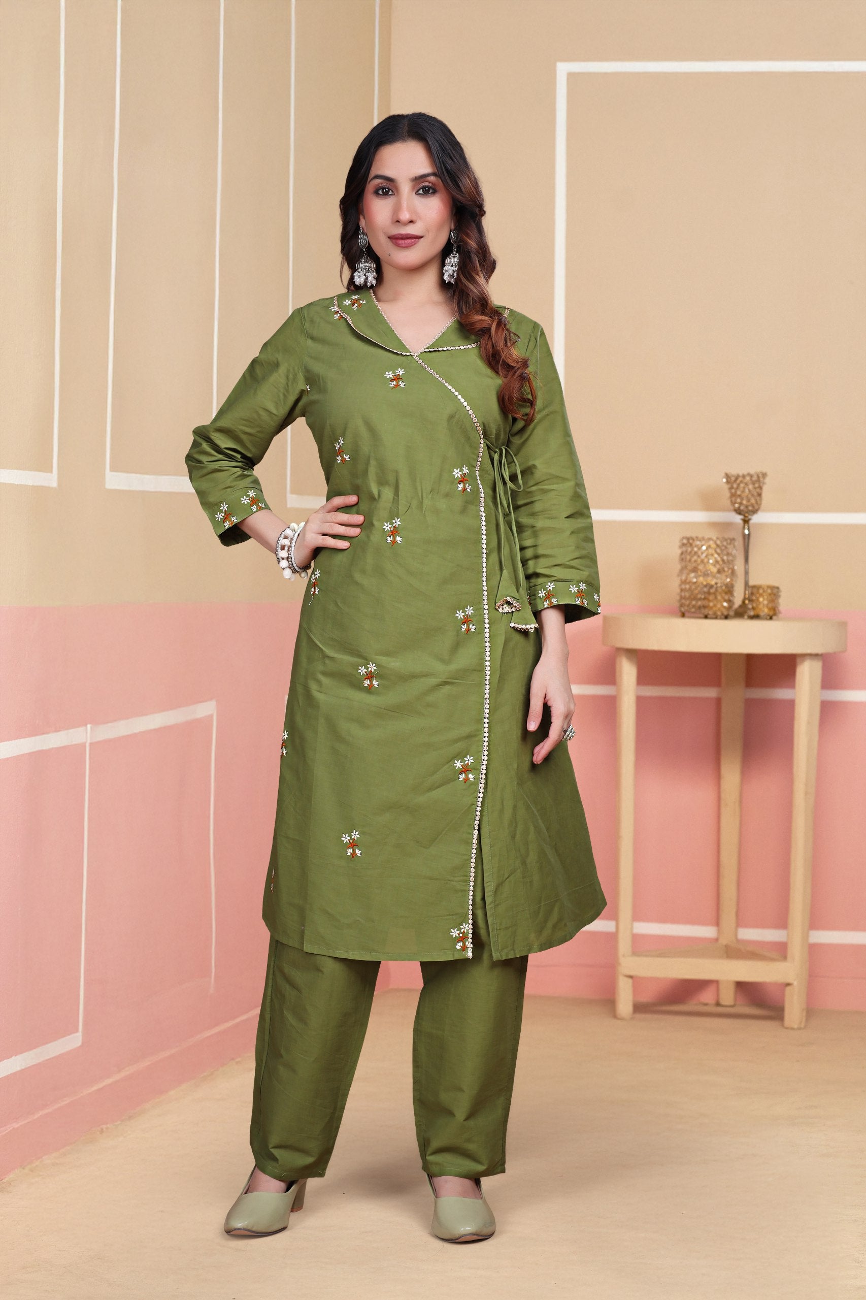 Elegant Olive Green Wrap-Style Kurti & Pant Set – Modern 2-Piece Ensemble