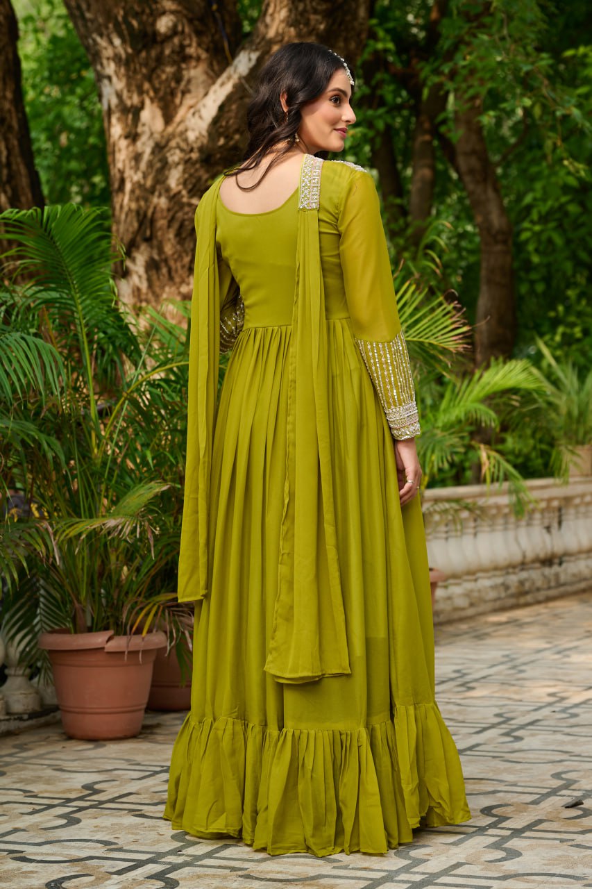 Star Georgette Embroidered Gown with Dupatta – Beads & Sequins Work