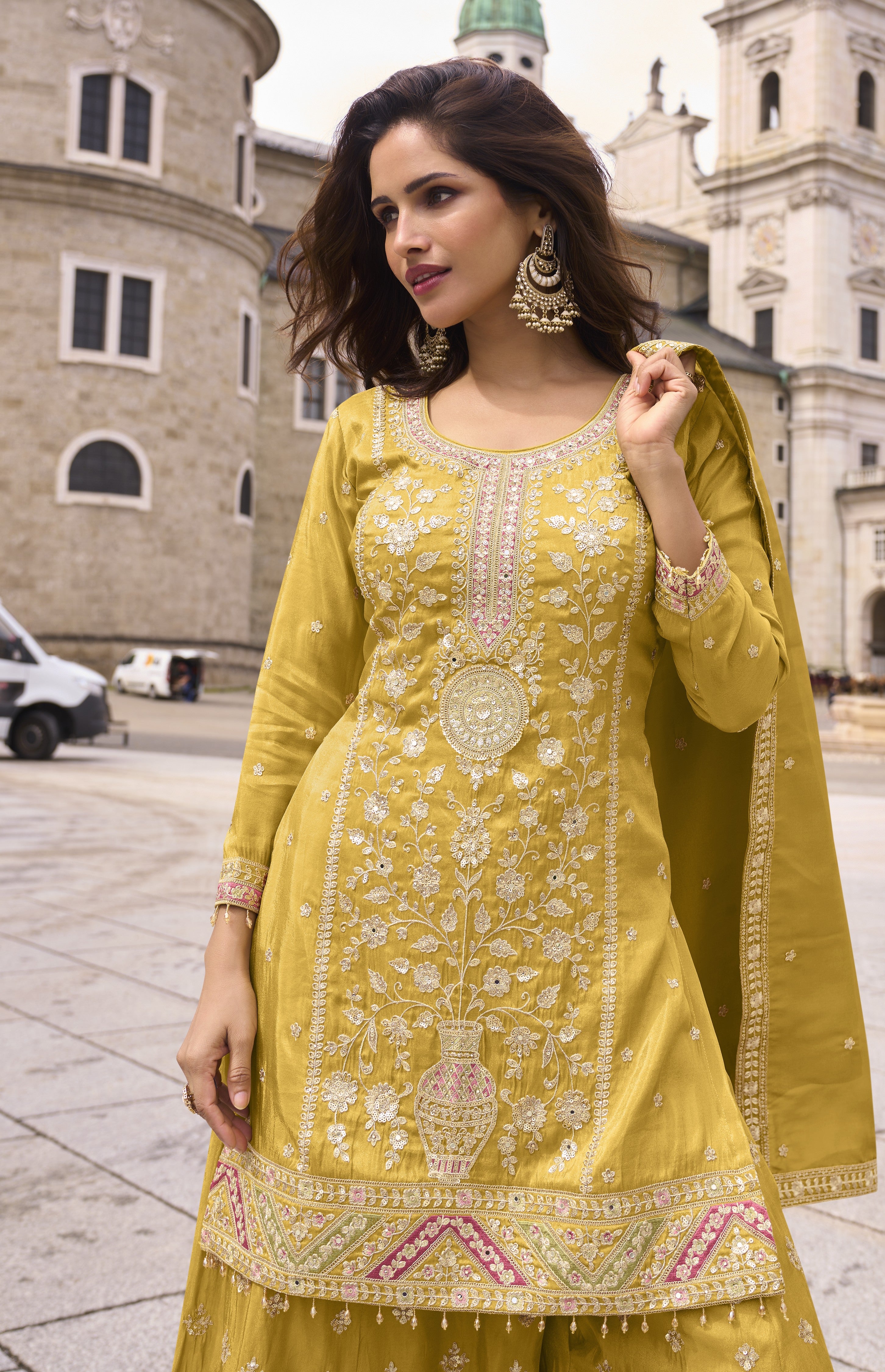 Real Simar Silk Embroidered Palazzo Suit with Dupatta – Yellow
