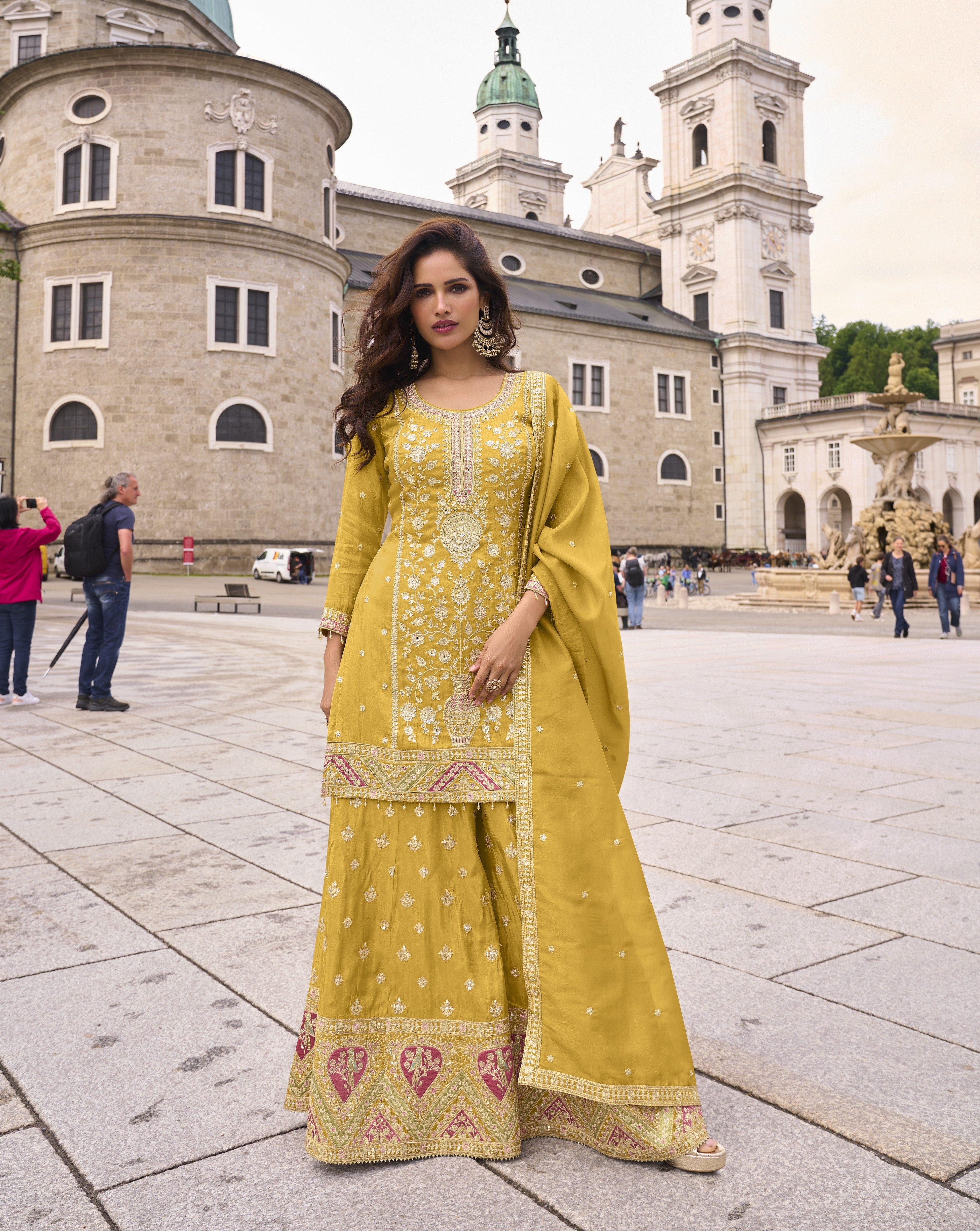 Real Simar Silk Embroidered Palazzo Suit with Dupatta – Yellow