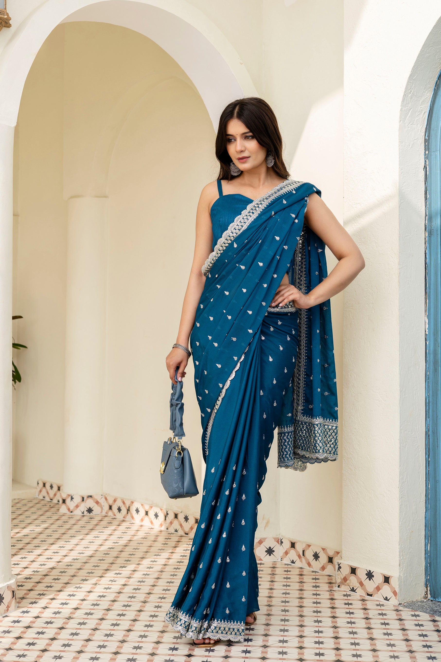 Chinon Saree with Zari, Dori & 4mm Sequins Work with Bangalori Silk Blouse