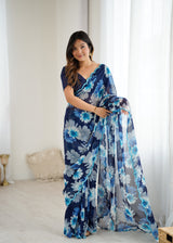Georgette Silk Printed Saree with Mirror Work Border & Blouse Piece