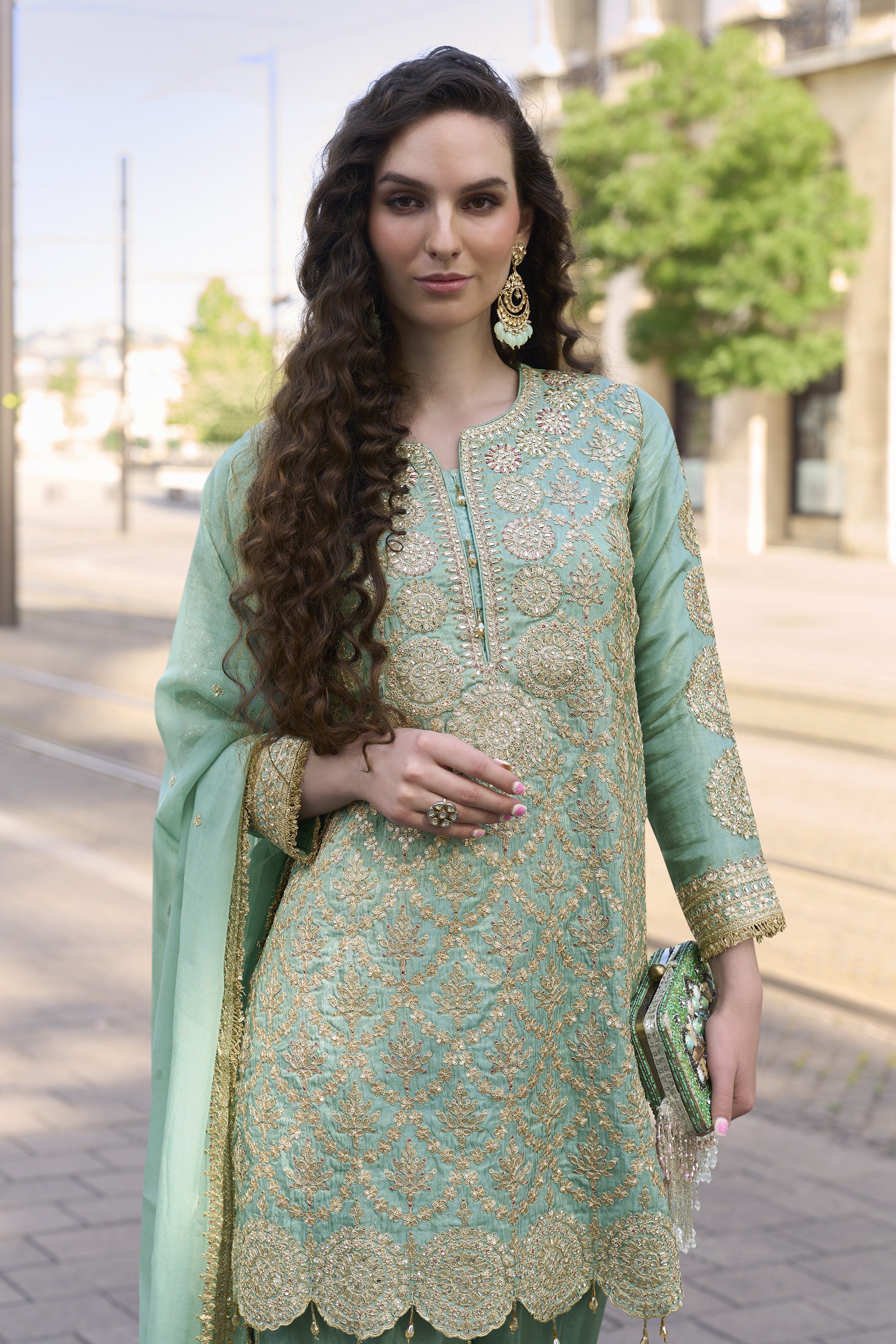 Green Premium Simar Silk Embroidered Suit Set with Mirror Work