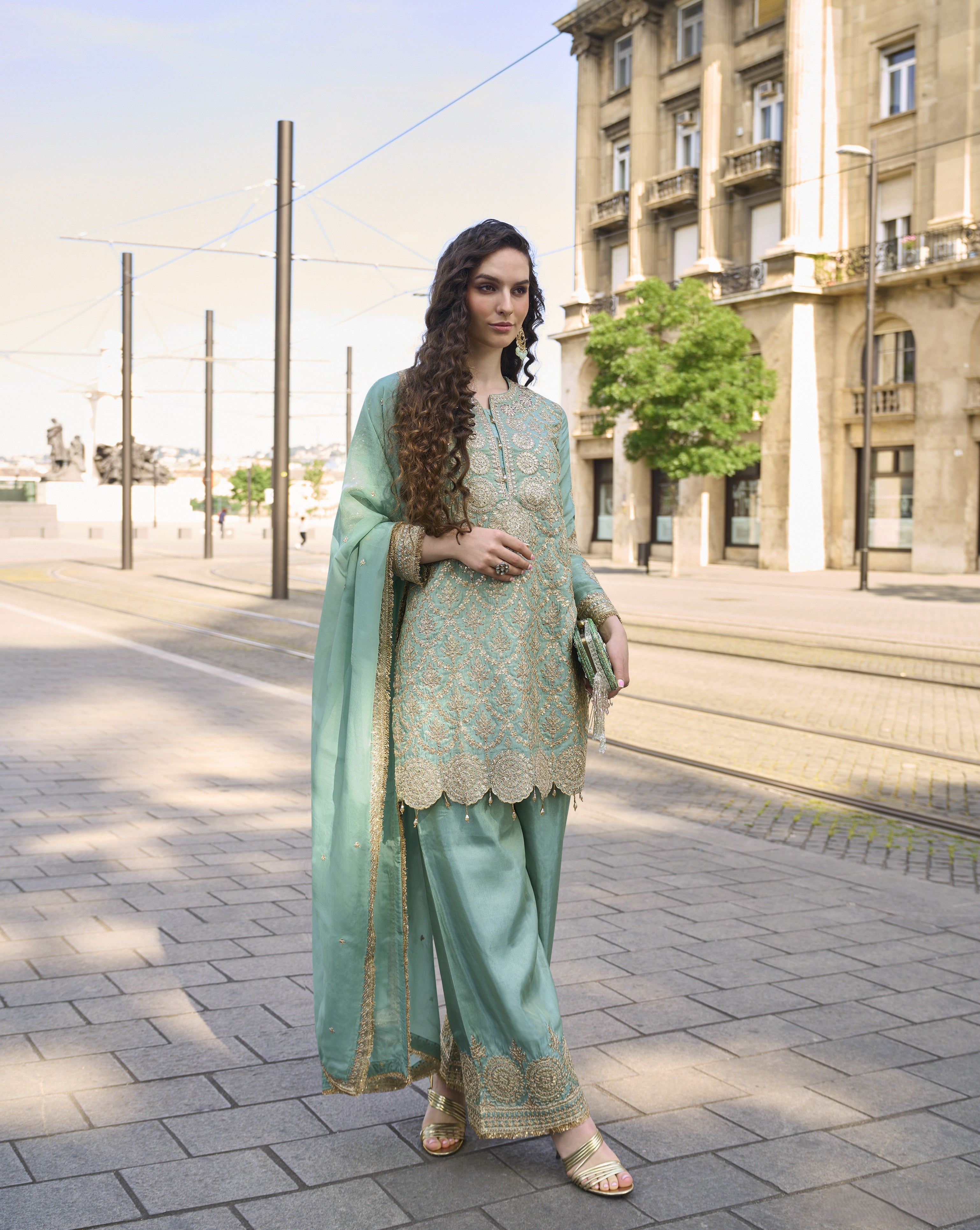 Green Premium Simar Silk Embroidered Suit Set with Mirror Work