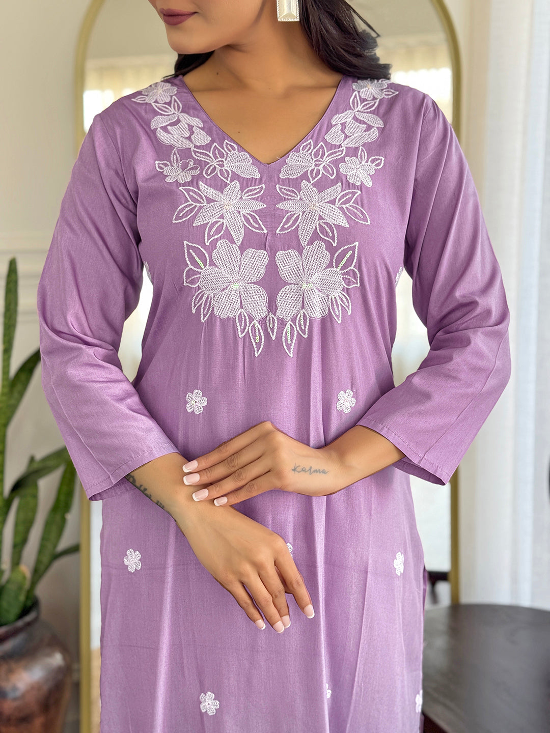 Women’s Lavender Rayon Embroidered Straight Kurta with Rayon Pant & Organza Dupatta Set