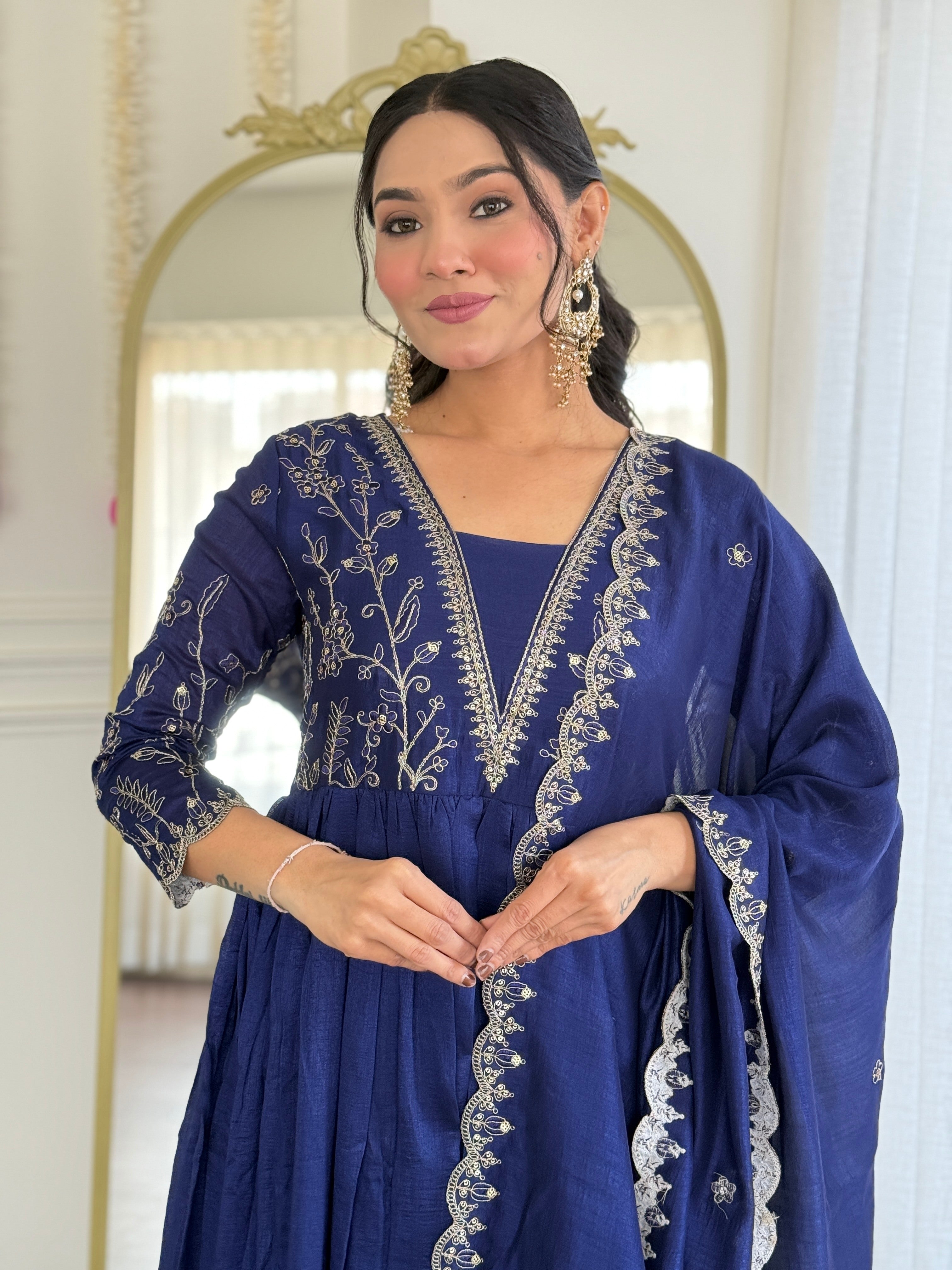 Women’s Blue Vichitra Silk Embroidered Flared Kurta with Rayon Pant & Vichitra Silk Dupatta Set