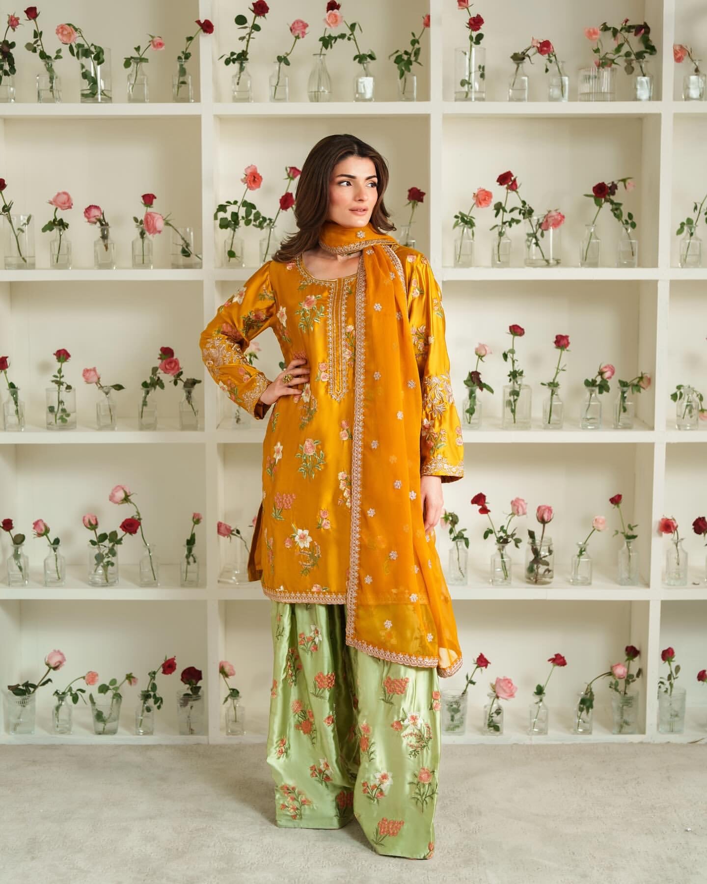Natural Crep Silk Embroidered Farshi Pant Set with Dupatta