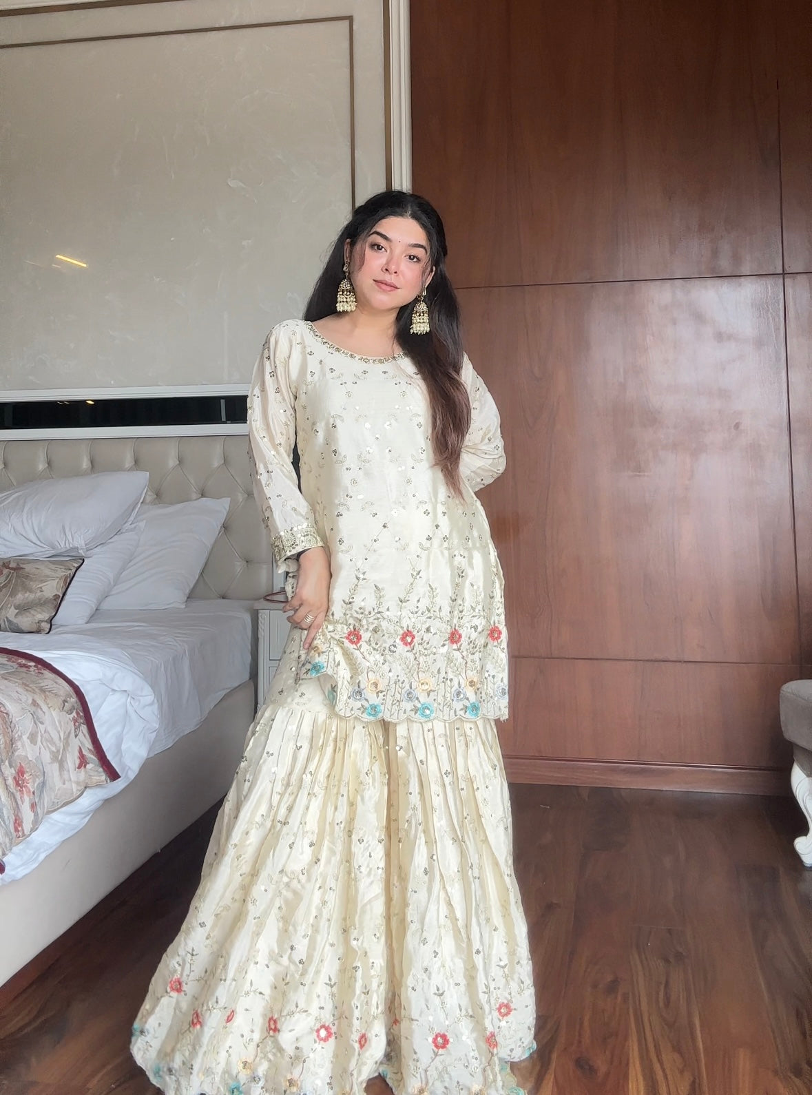 Loomeera Ivory Embroidered Sharara Set with Cyan Dupatta