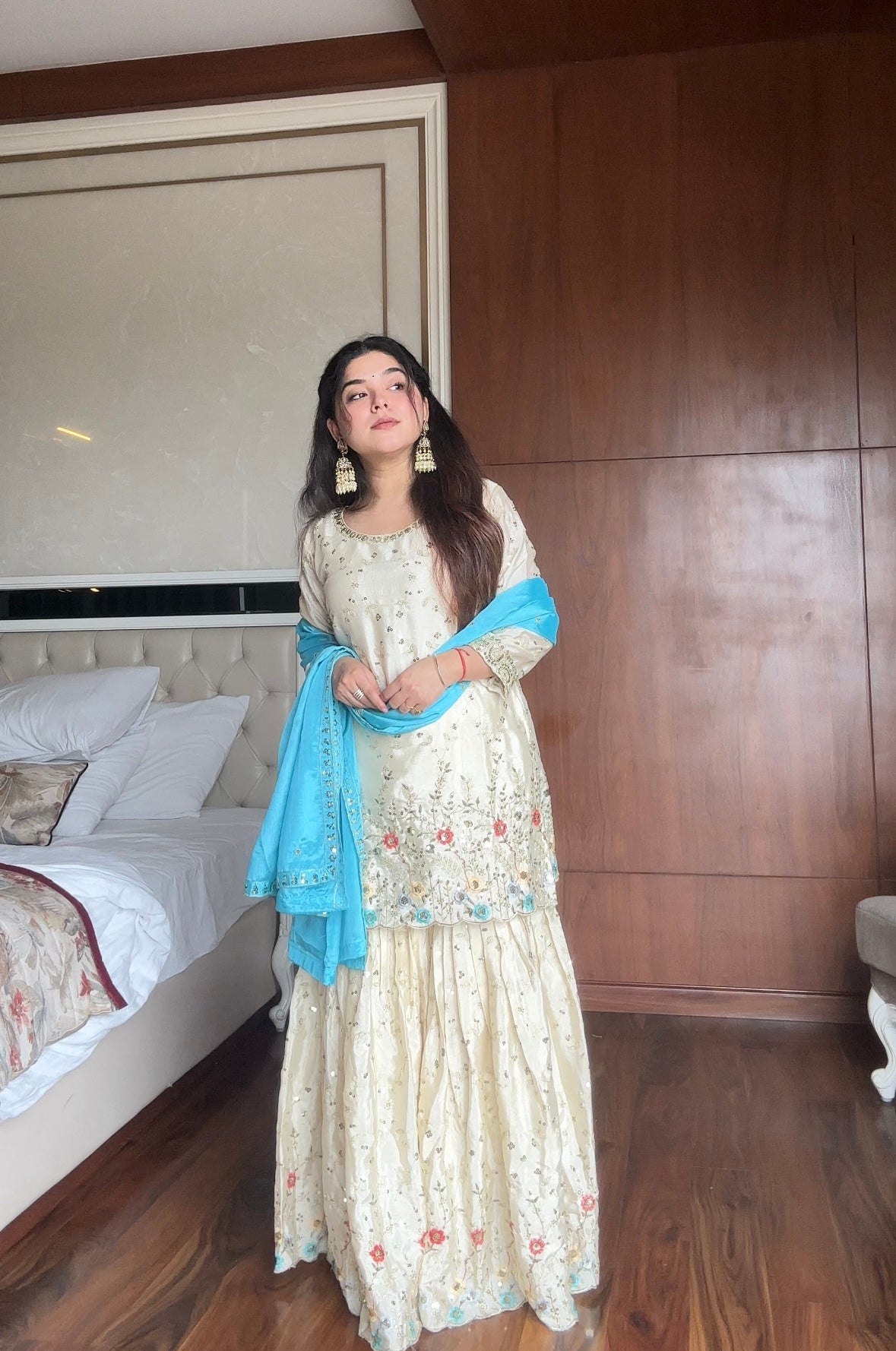 Loomeera Ivory Embroidered Sharara Set with Cyan Dupatta