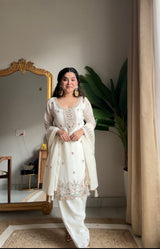 Loomeera Red & White Chinon Palazzo Set with Beads & Sequence Embroidery Work