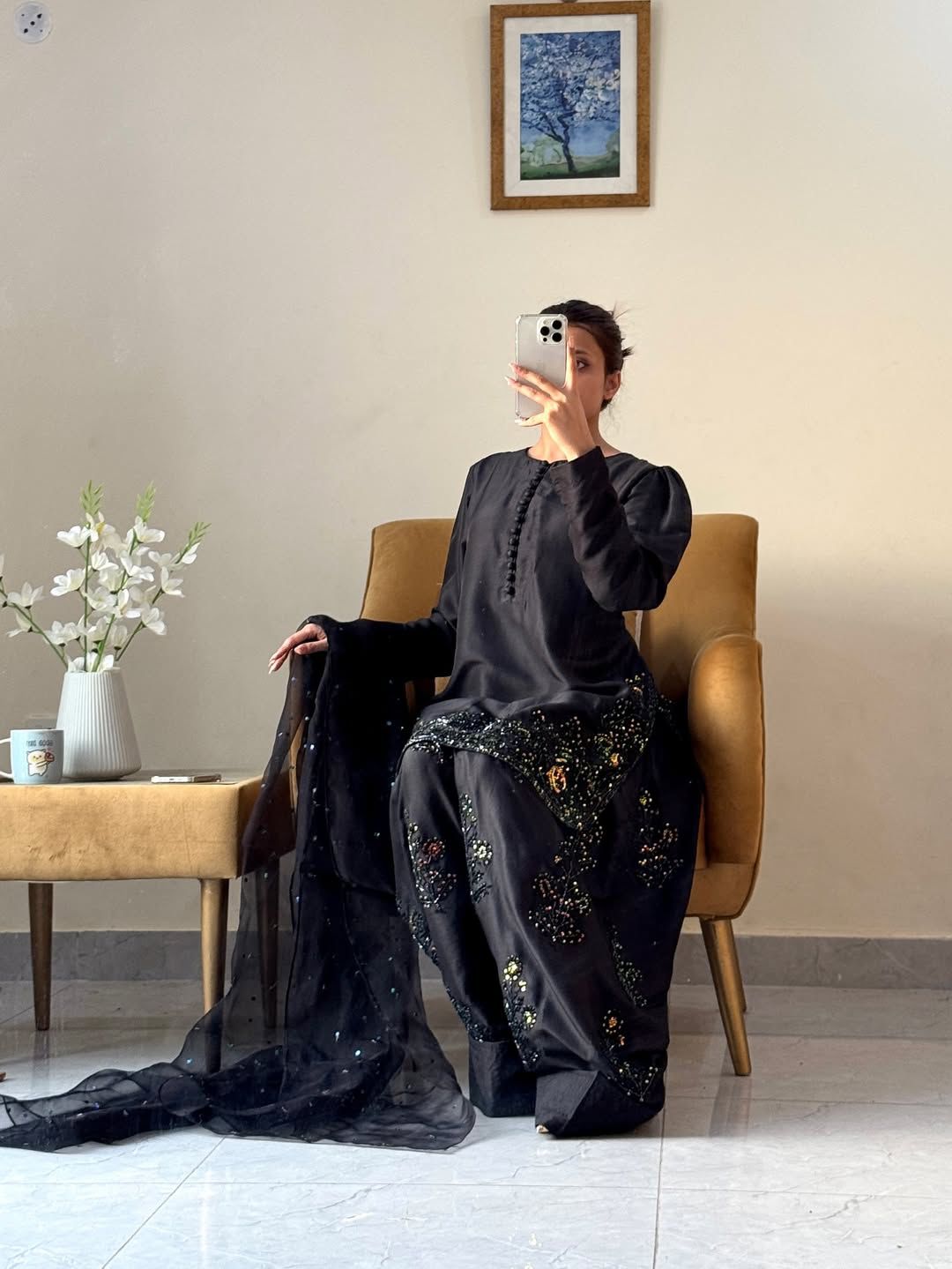 Black Natural Crep Silk Embroidered Top, Farshi Pant & Dupatta Set – Ready-to-Wear Party & Wedding Ensemble