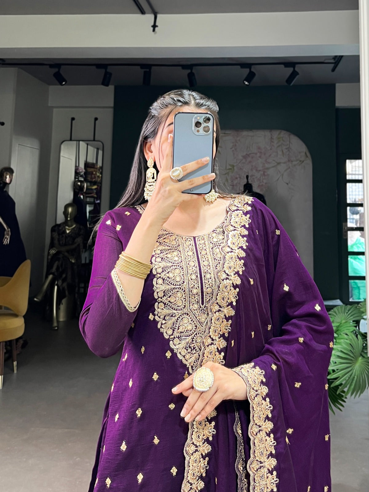 Ethnic Party Wear Vichitra Silk Kurta Set with Sequins & Thread Embroidery – Top, Bottom & Dupatta