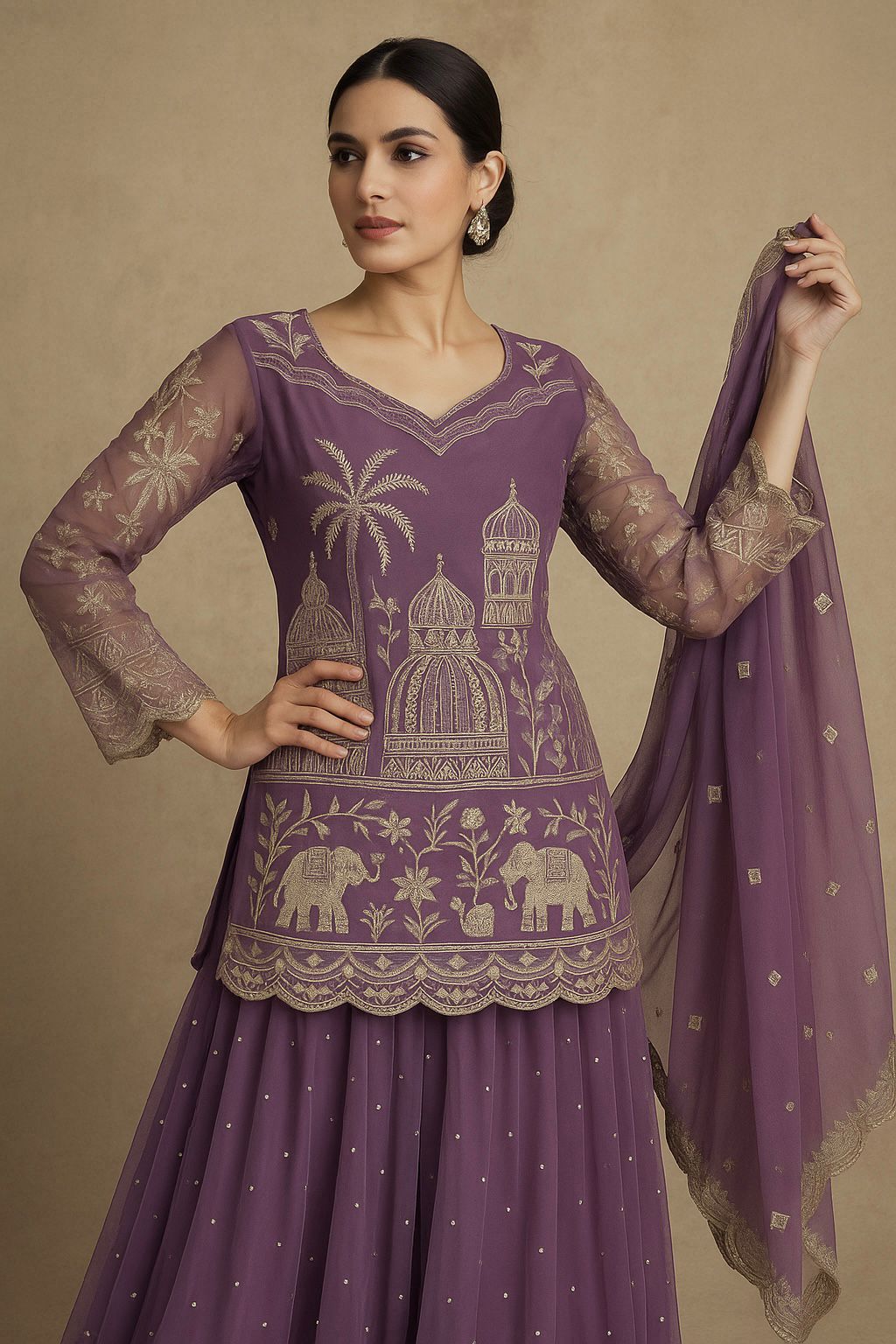 Designer Twill Net Embroidered Top, Palazzo & Dupatta Set – Party & Wedding Ready-to-Wear
