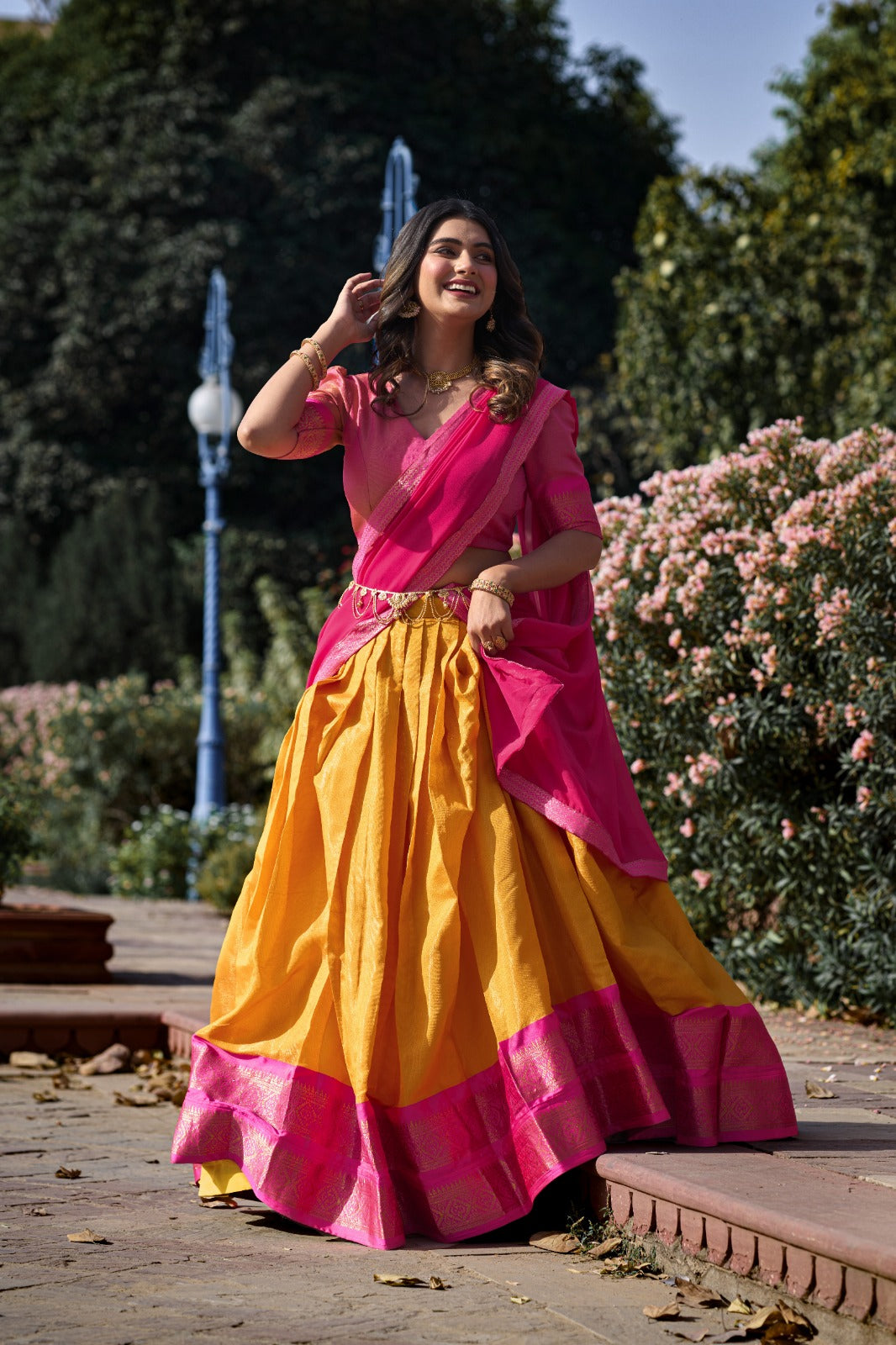 Dark Pink & Yellow Kanchipuram Silk Lehenga with Zari Weaving and Georgette Dupatta