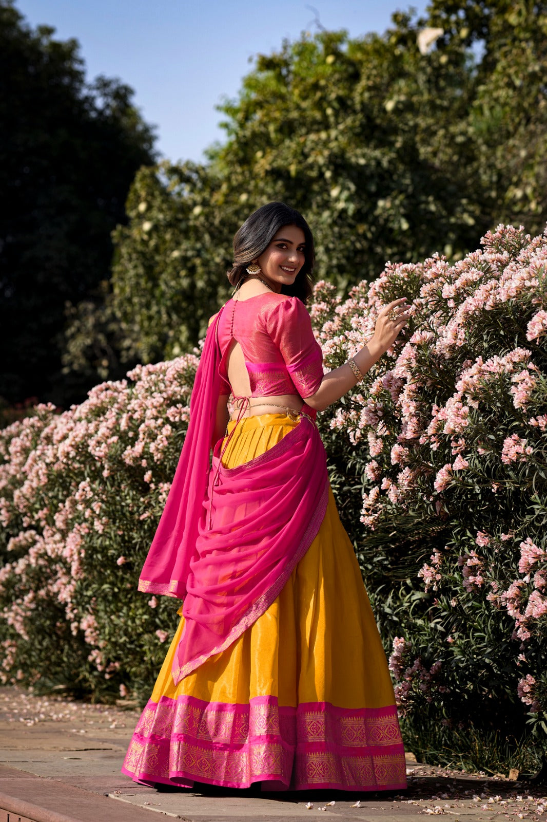 Dark Pink & Yellow Kanchipuram Silk Lehenga with Zari Weaving and Georgette Dupatta