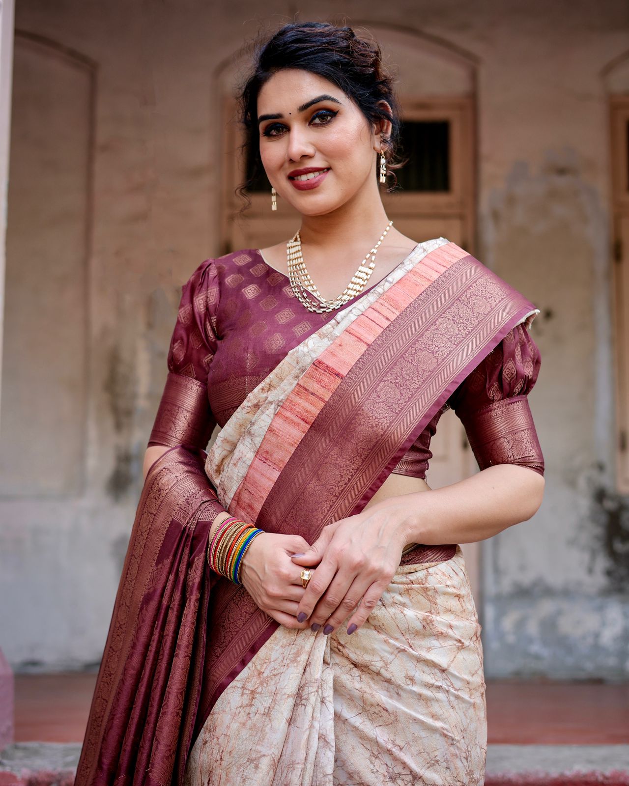 Banarasi Digital Printed Silk Saree with Rich Wine Pallu & Tassels