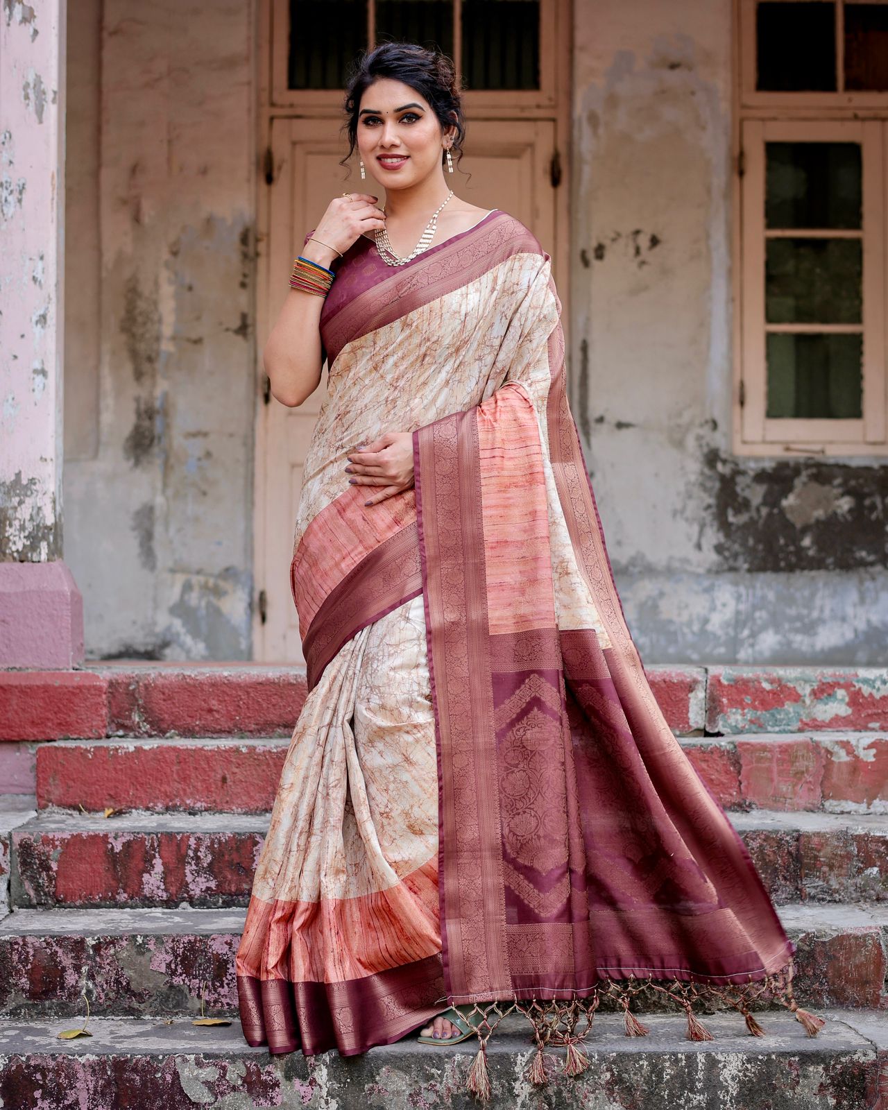 Banarasi Digital Printed Silk Saree with Rich Wine Pallu & Tassels
