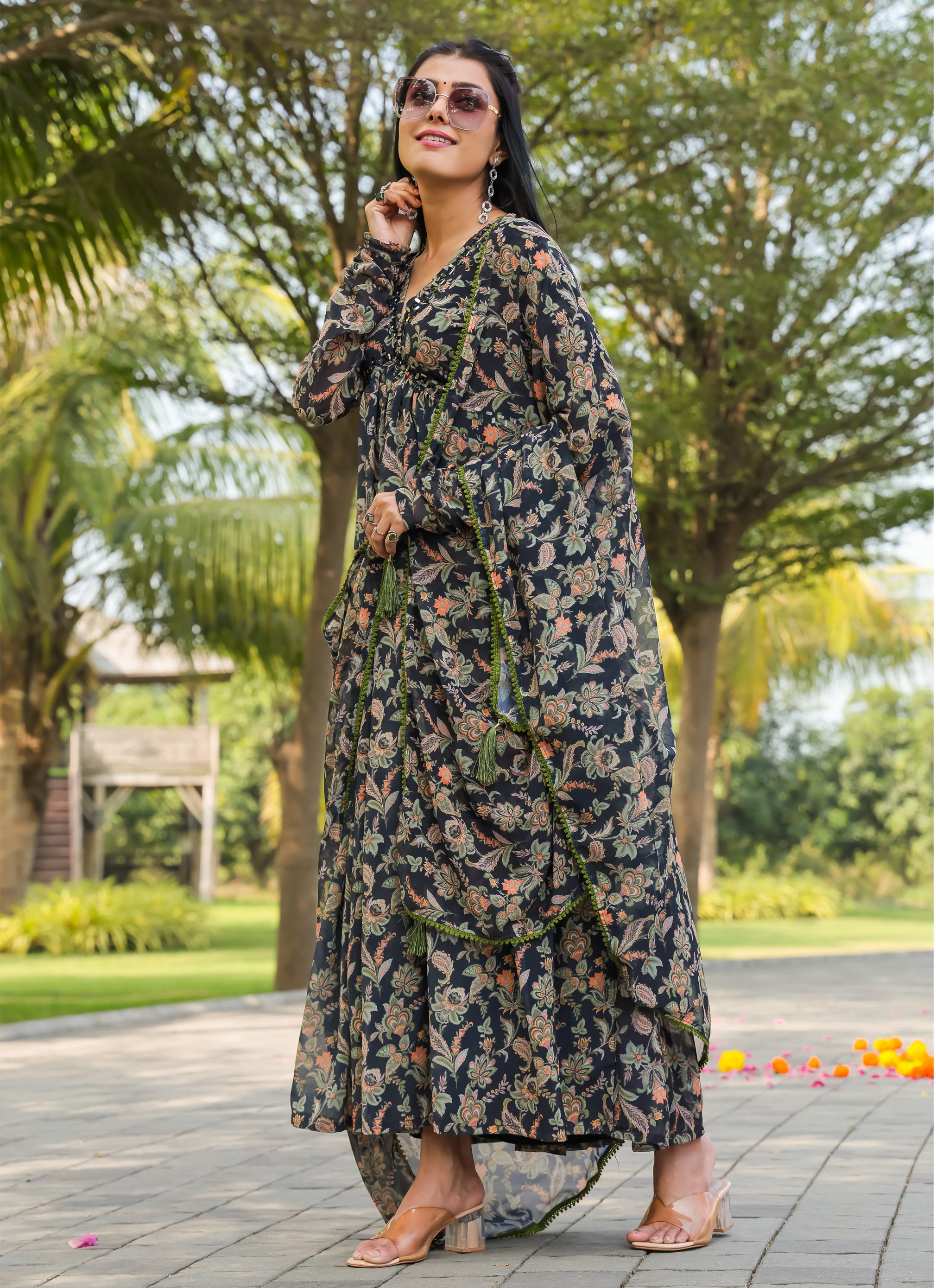 Black Floral Printed Georgette Gown with Dupatta
