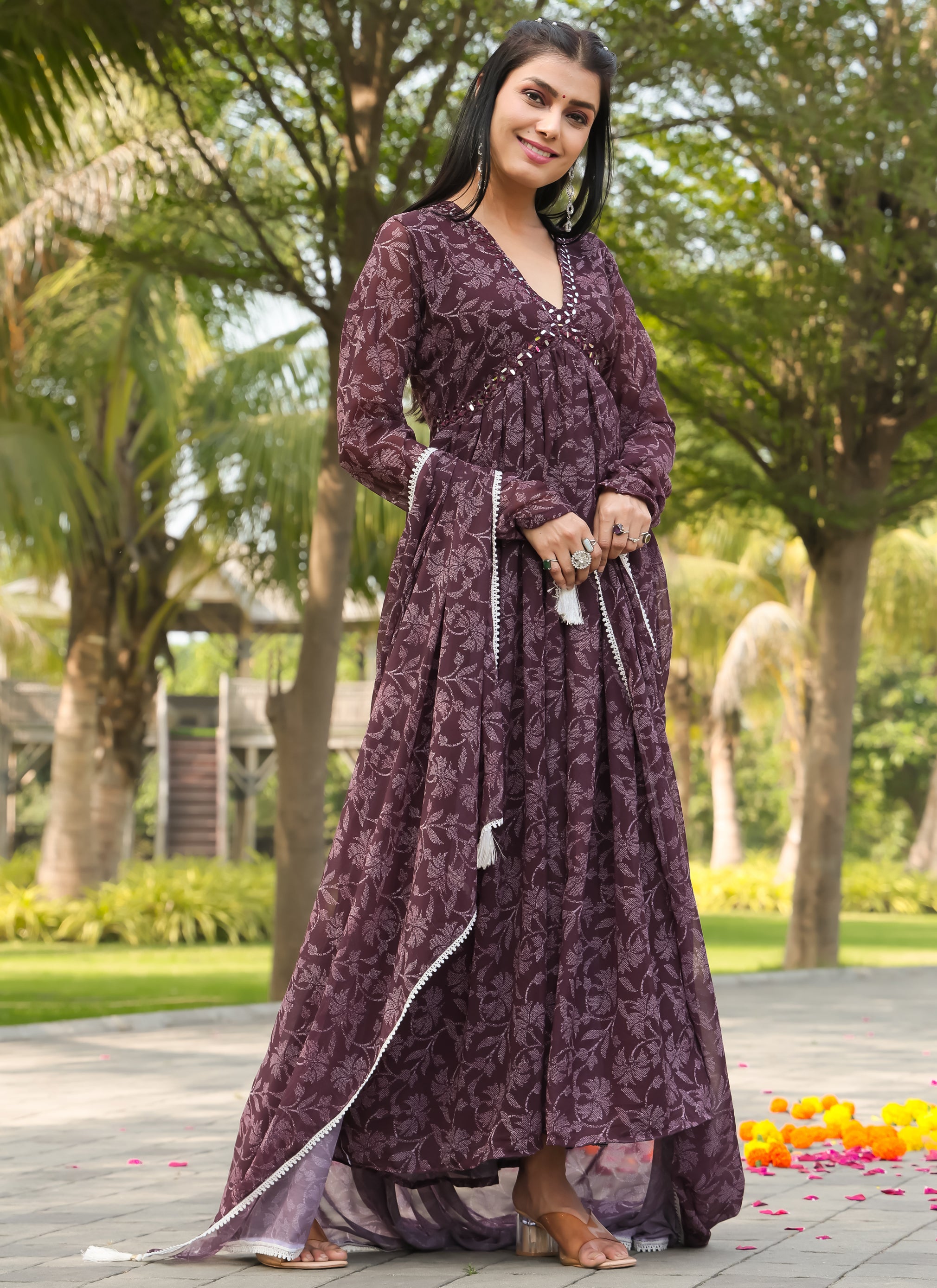 Purple Floral Printed Georgette Gown with Dupatta