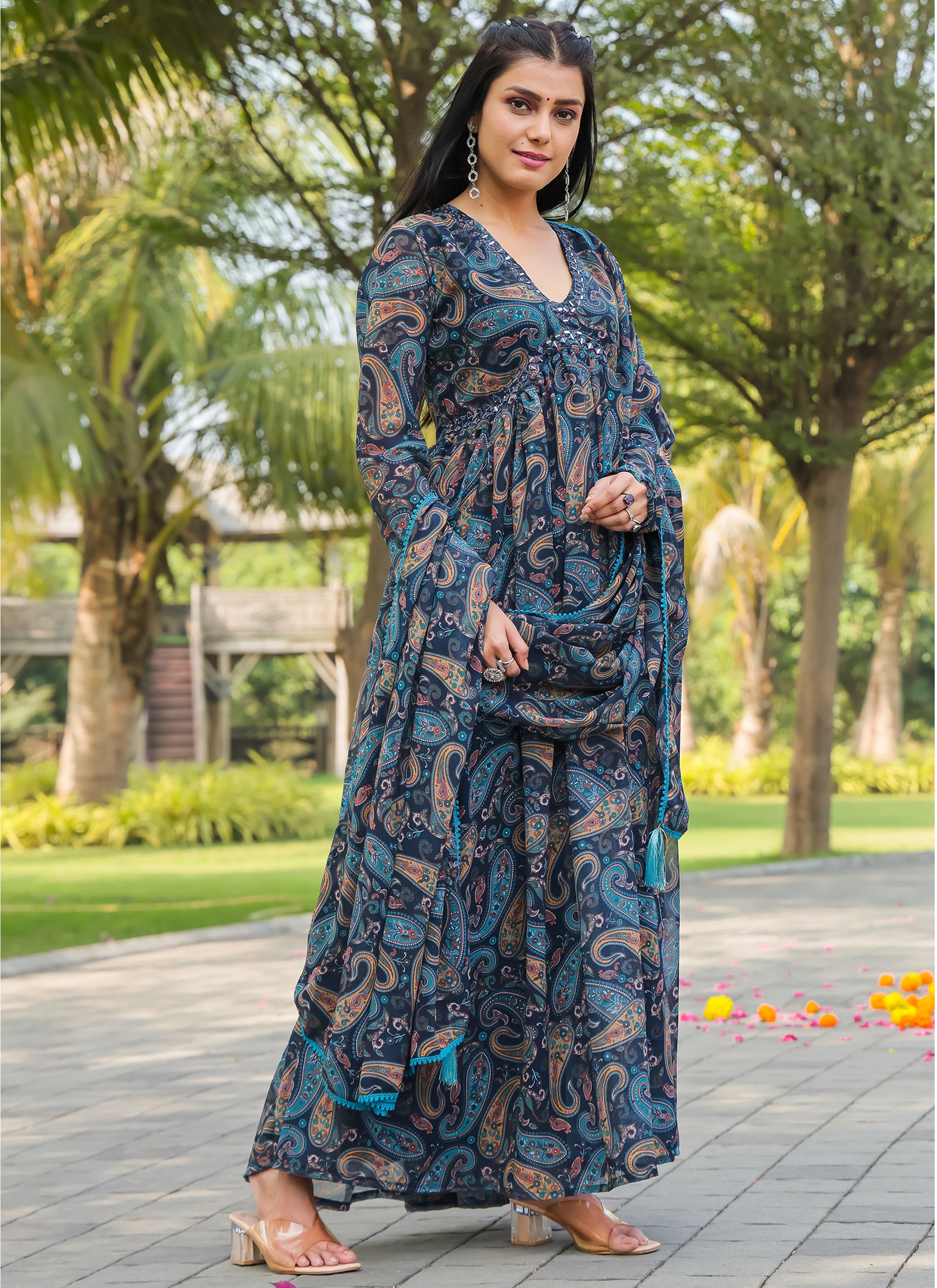 Blue Floral Printed Georgette Gown with Dupatta
