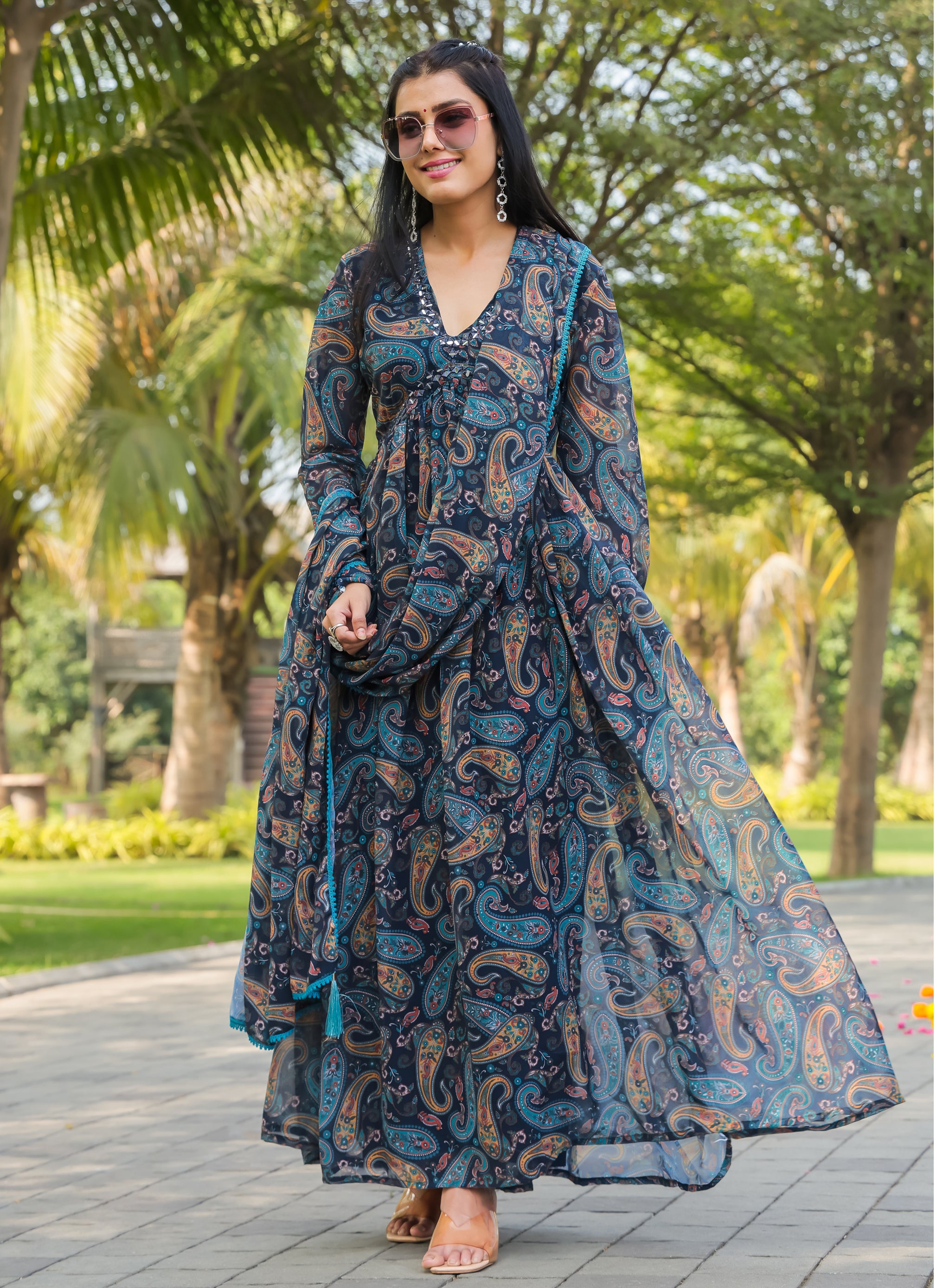 Blue Floral Printed Georgette Gown with Dupatta