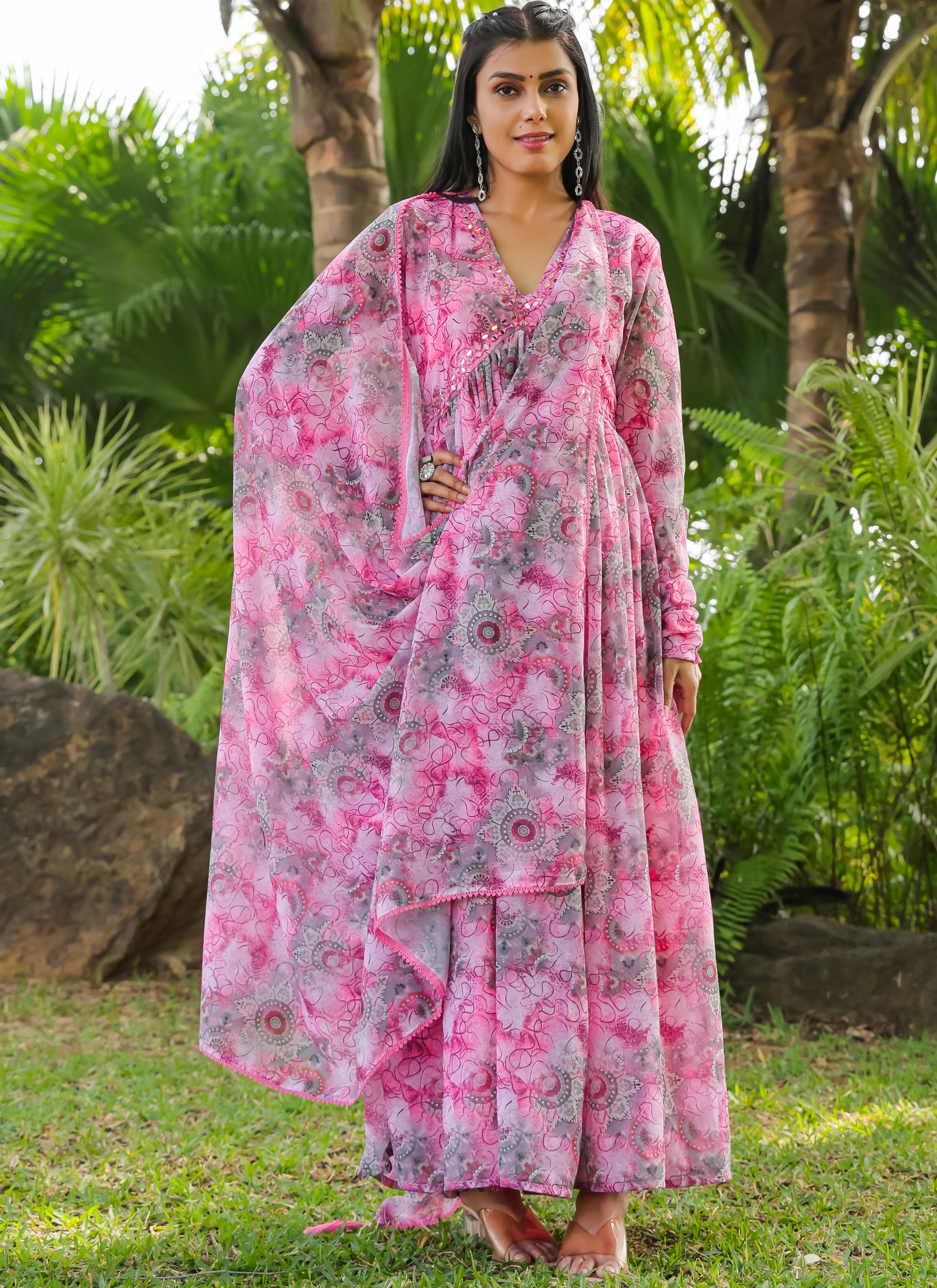 Pink Floral Printed Georgette Gown with Dupatta