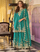 Heavy Chinon Embroidered Suit Set with Plazzo & Dupatta – Festive Wear Collection