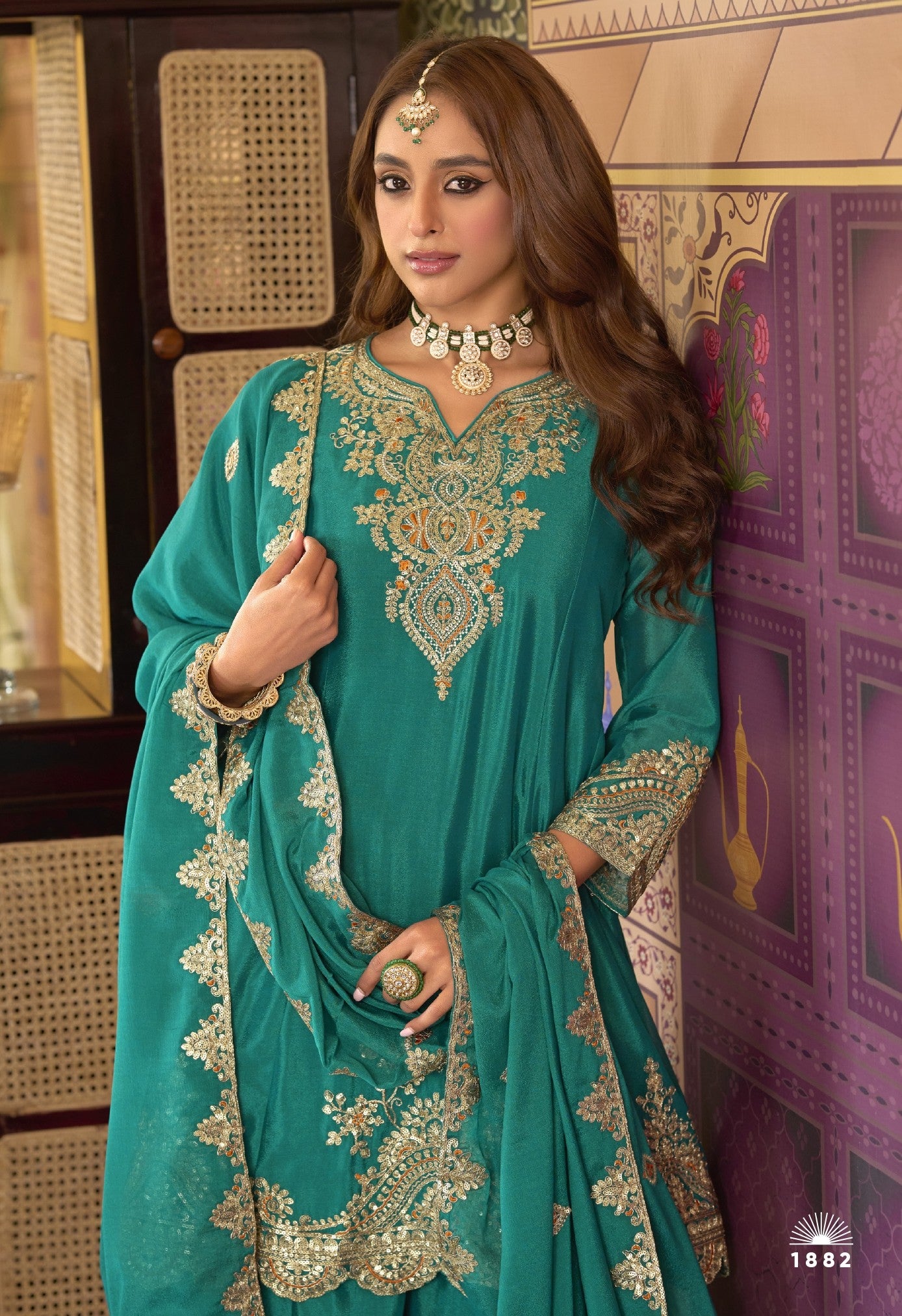 Heavy Chinon Embroidered Suit Set with Plazzo & Dupatta – Festive Wear Collection