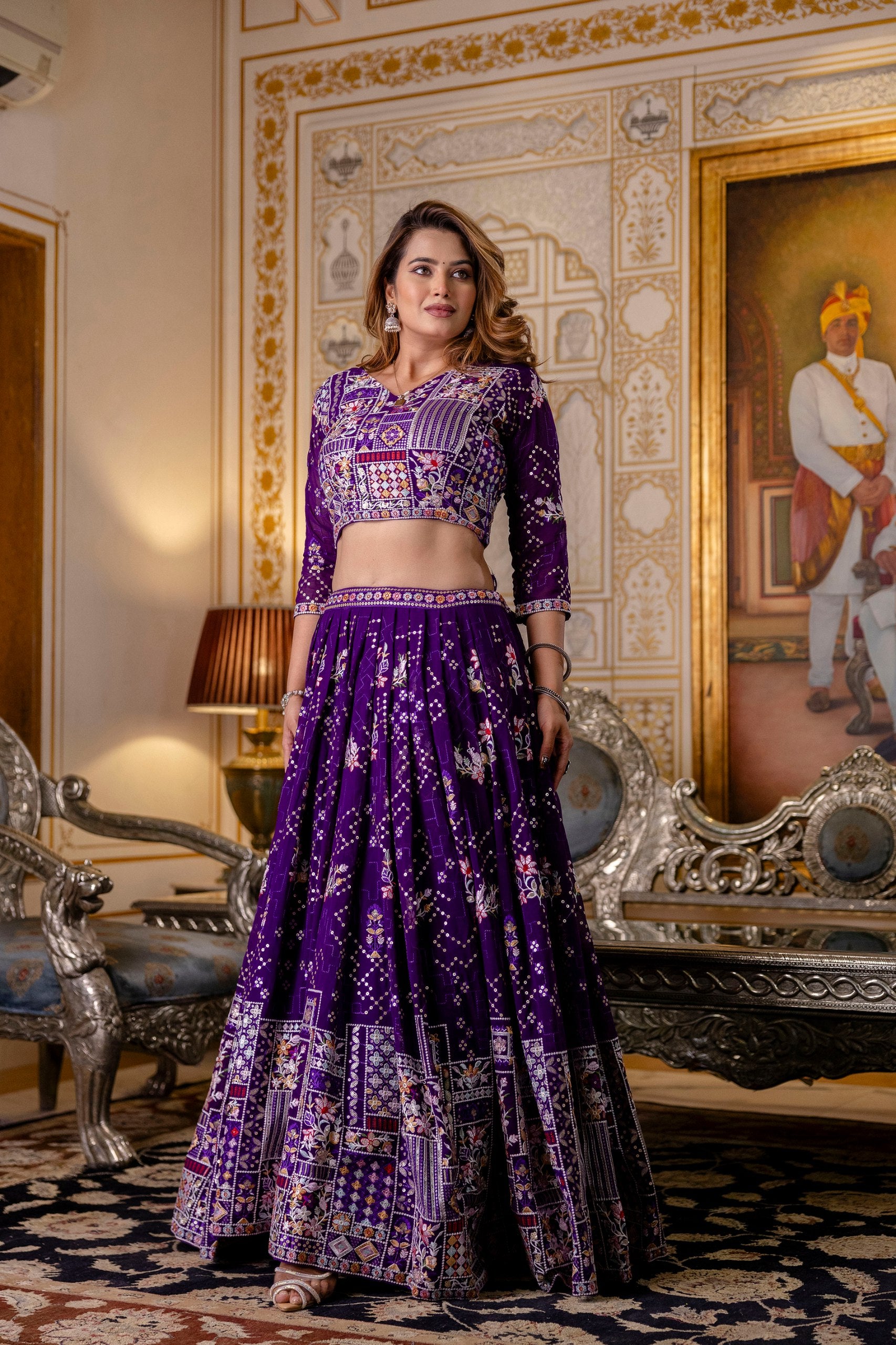 Georgette Lehenga Set with Sequins & Thread Embroidery – Semi Stitched Party & Wedding Wear