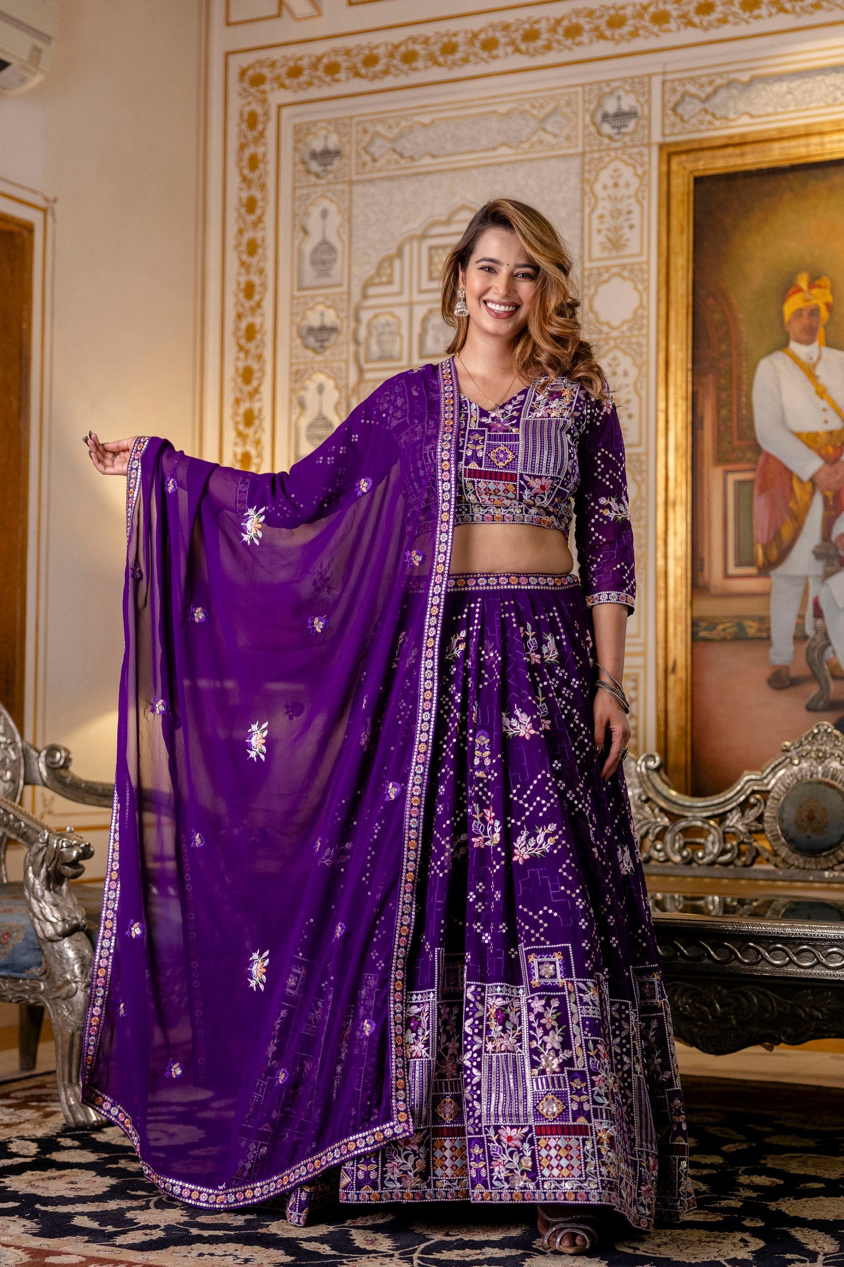 Georgette Lehenga Set with Sequins & Thread Embroidery – Semi Stitched Party & Wedding Wear