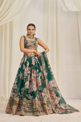 Floral Digital Print Organza Lehenga with Zari & Sequins Work | Aakriti Couture
