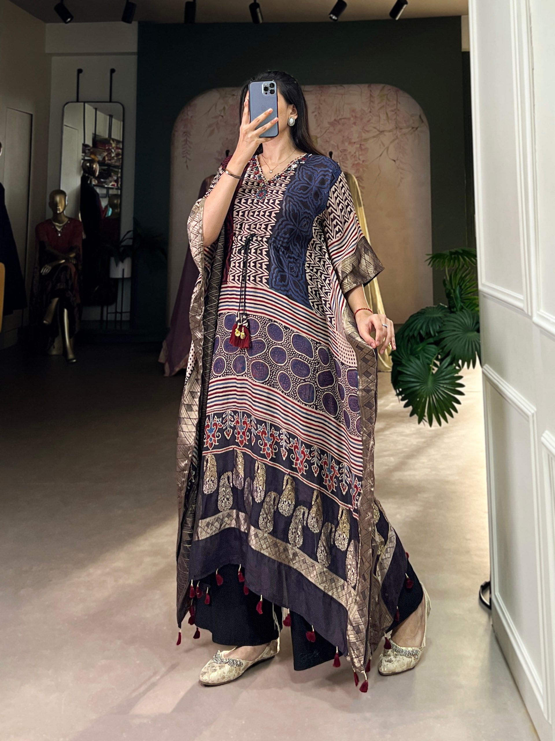 Pure Viscose Kaftan with Real Mirror Hand Work & Zari Border