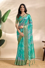 Sea Green Soft Silk Blend Saree with Subtle Wave Print & Zari Border