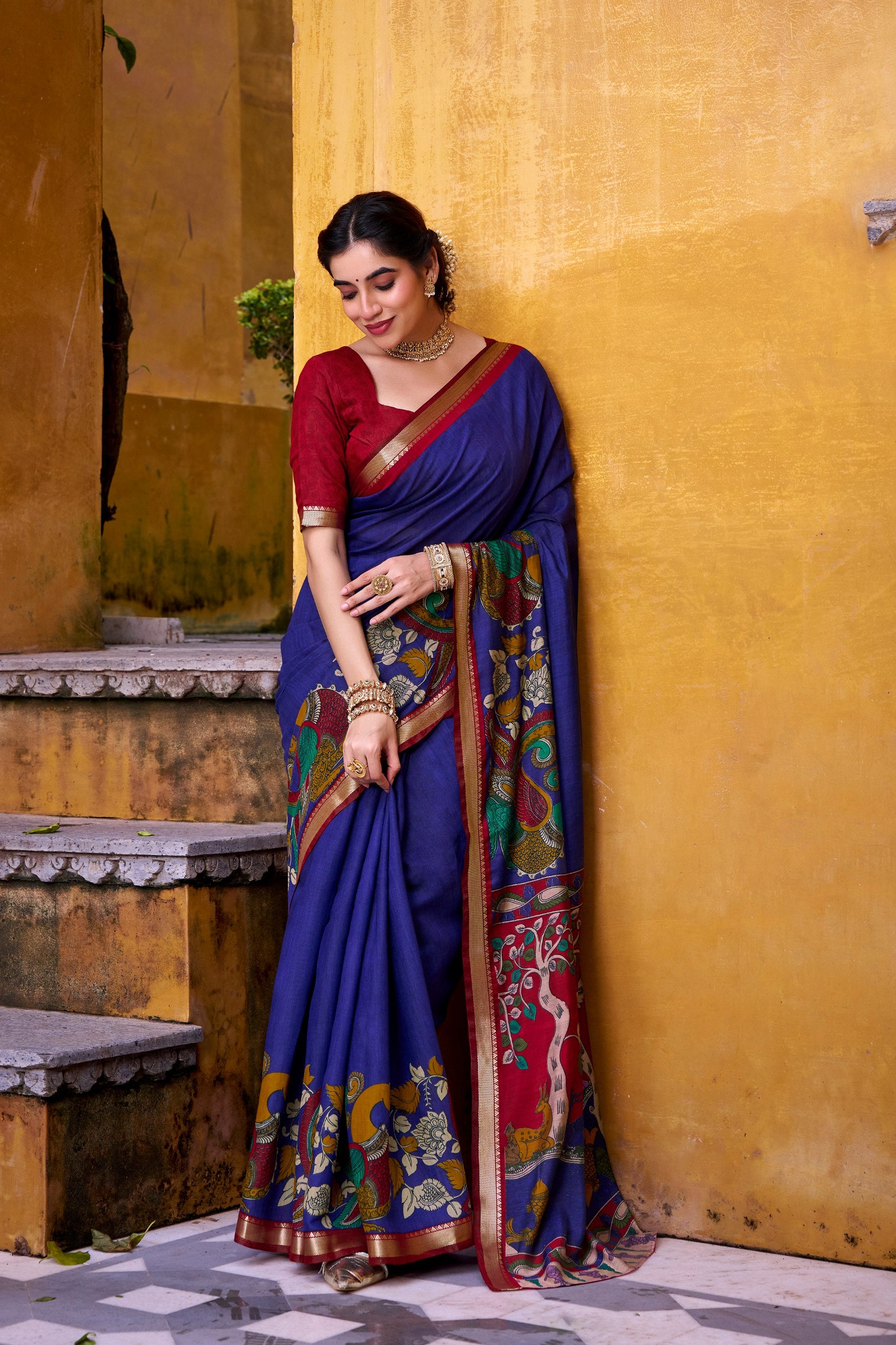 Elegant Kalamkari Print Chanderi Saree with Zari Weaving & Unstitched Blouse | Aakriti Couture