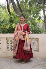 Roman Fabric Frill Stitch Gown with Maslin Crochet Dupatta – Mirror Lace Work | 12 Mtr Flair