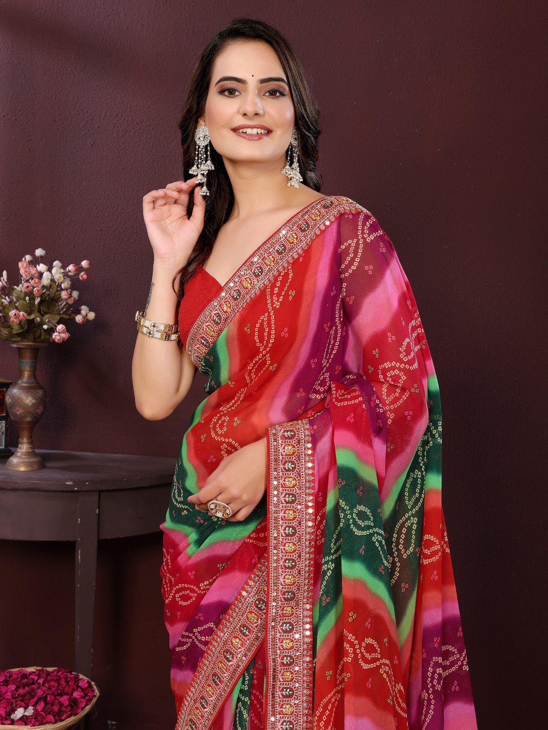 Wedding Wear Soft Georgette Saree with Digital Print & Embroidery Work Border
