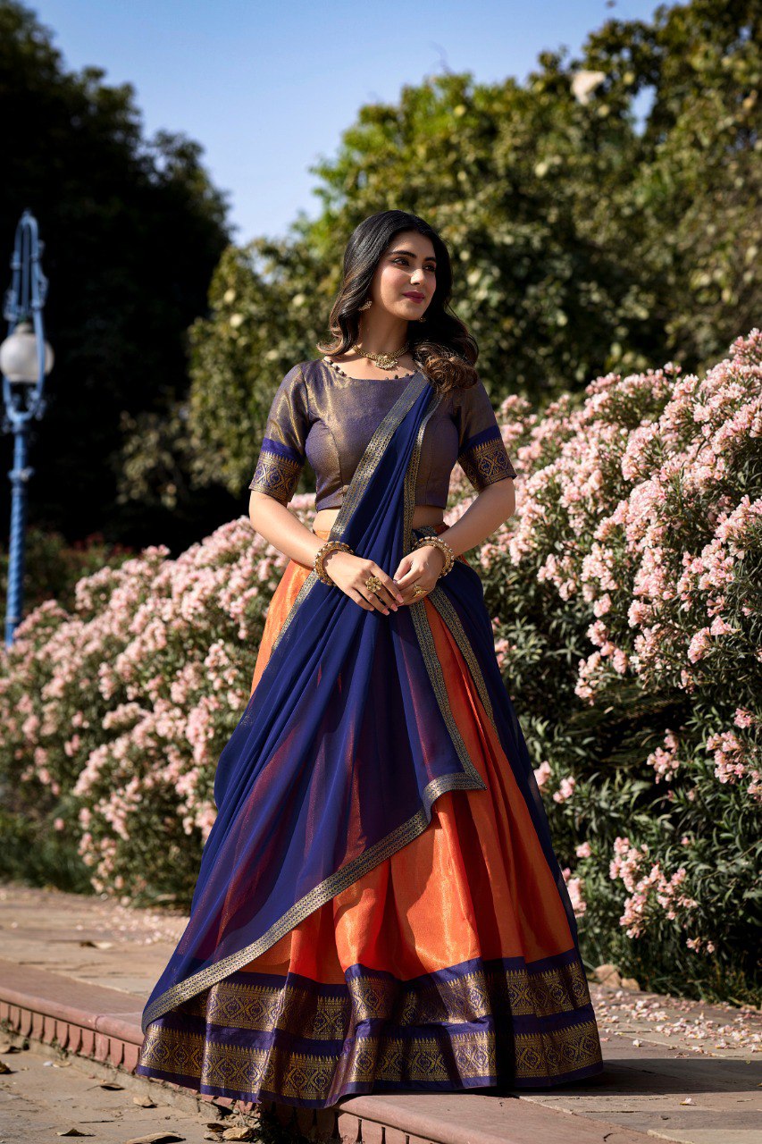 Blue & Orange Kanchipuram Silk Lehenga with Zari Weaving and Georgette Dupatta