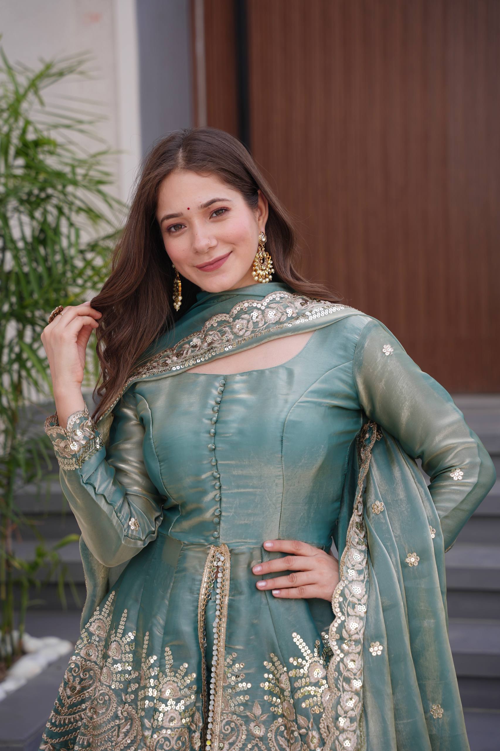 Designer Party Wear Gown with Sharara & Embroidered Dupatta – Heavy Fendy Satin Silk