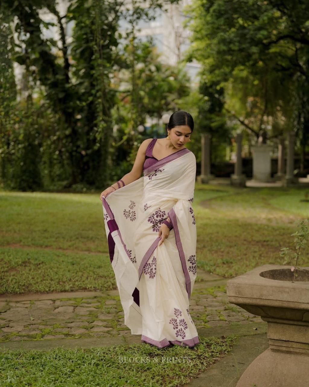 Linen Saree with Digital Print & Silver Zari Border