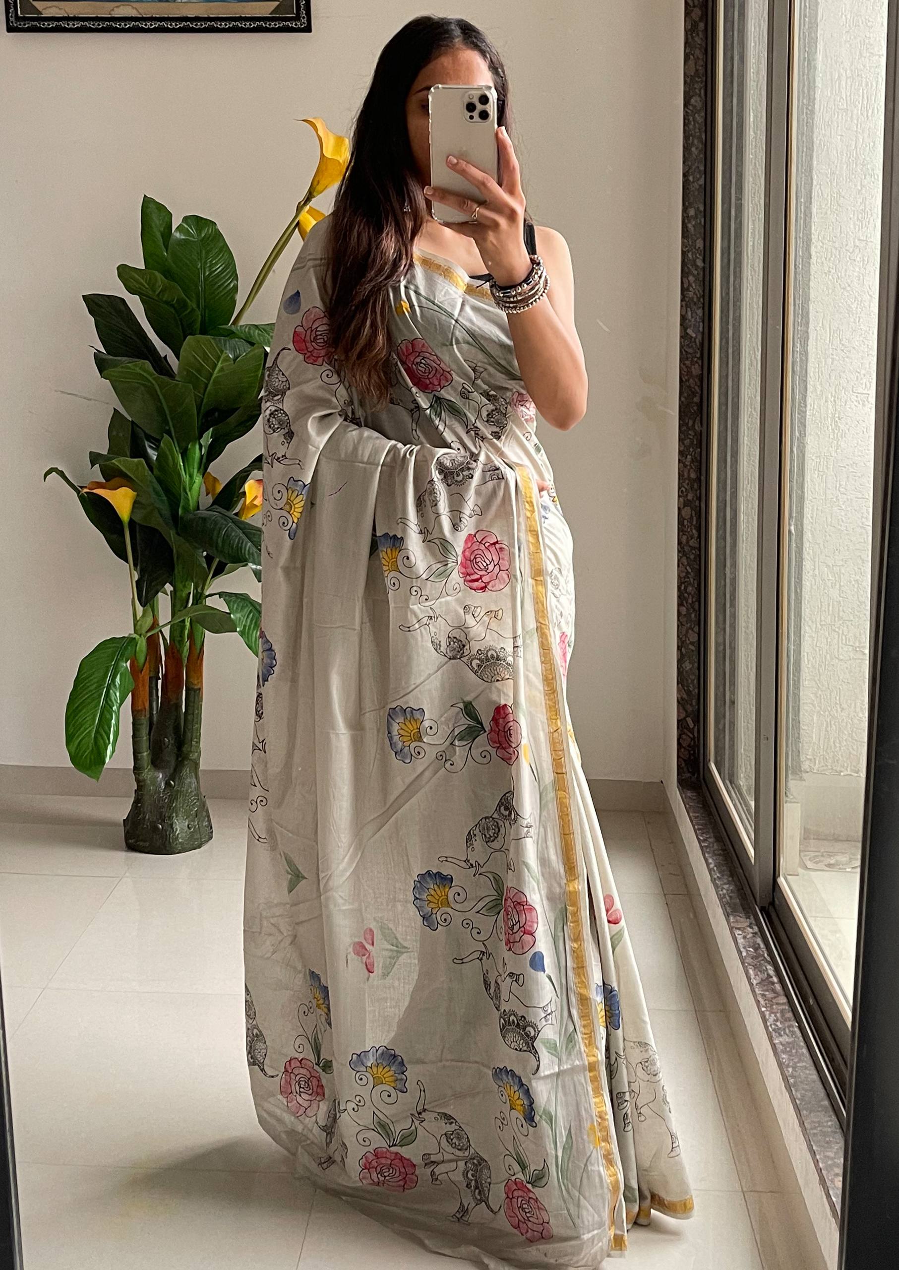 Original Madhubani Hand-Painted & Hand-Block Maslin Cotton Saree with Zari Border – Grey Neutral | Aakriti Couture